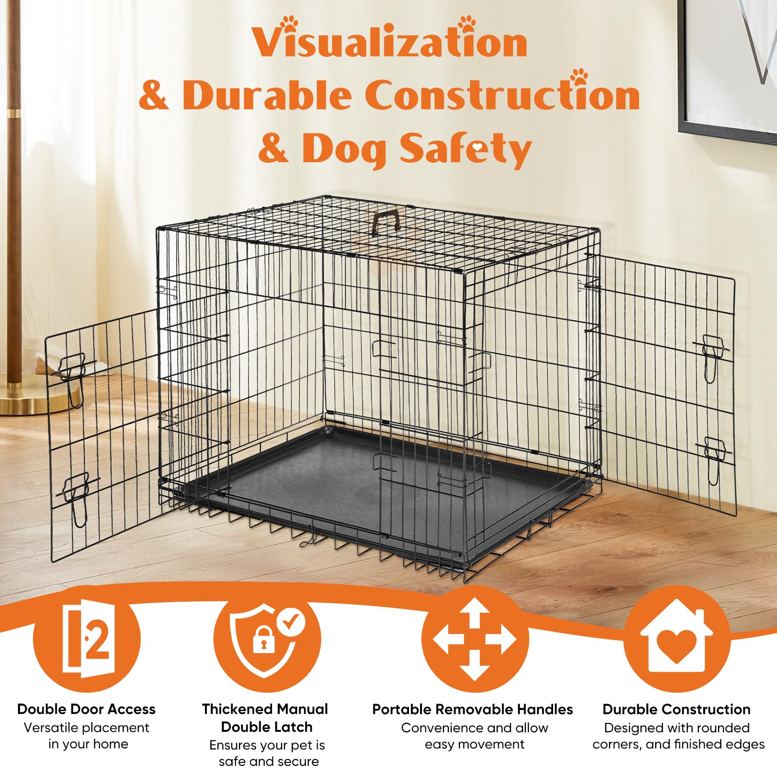 Sweetcrispy Large Dog Crate With Divider Panel, 36 Inch Double Door Folding Metal Wire Dog Cage With Plastic Leak-Proof Pan Tray