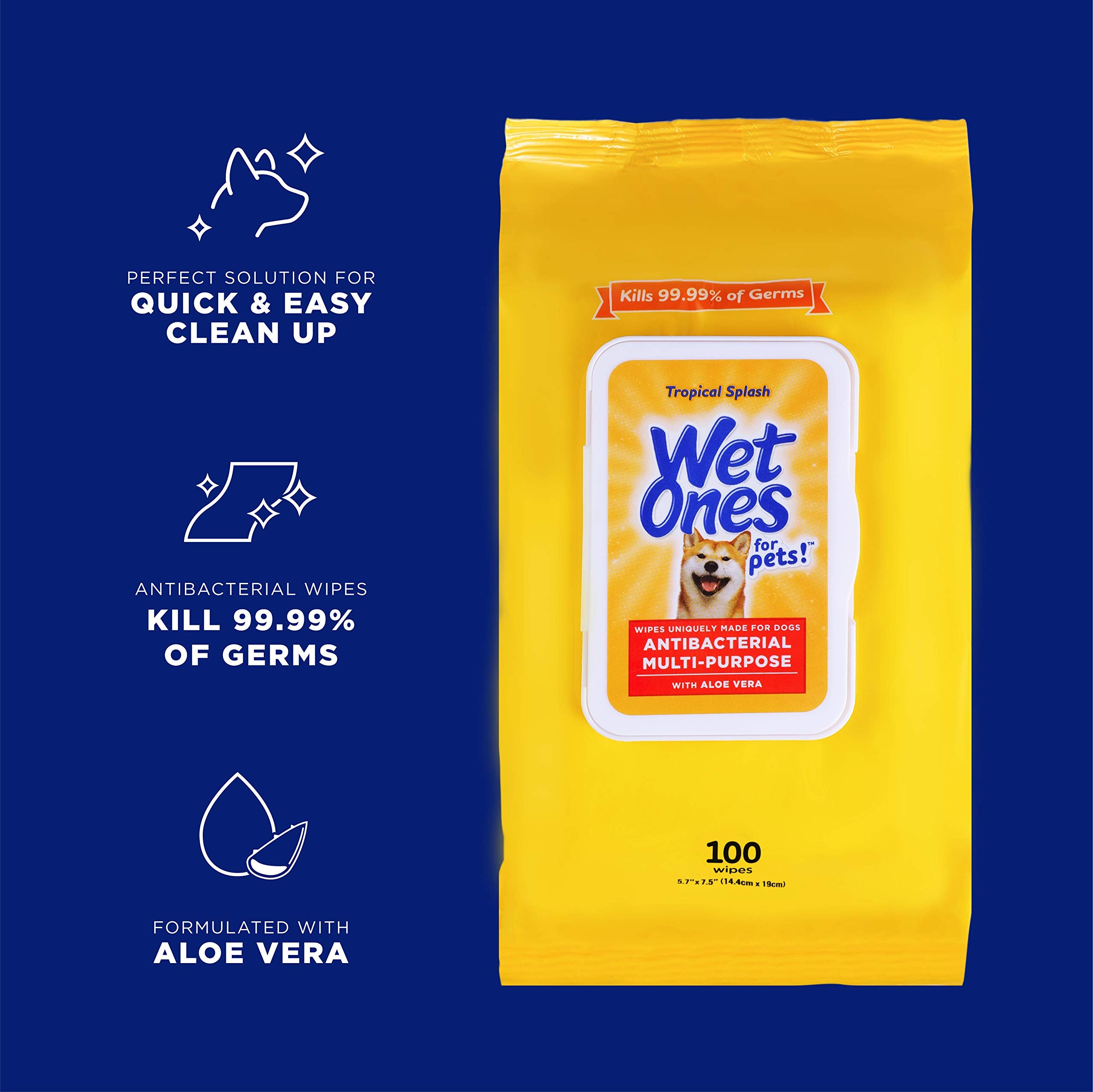 Wet Ones Multi-Purpose Pets Wipes with Aloe Vera for All Dogs - Tropical Splash Wipes for Dog Paws & All Over Use (Pack of 3, 30