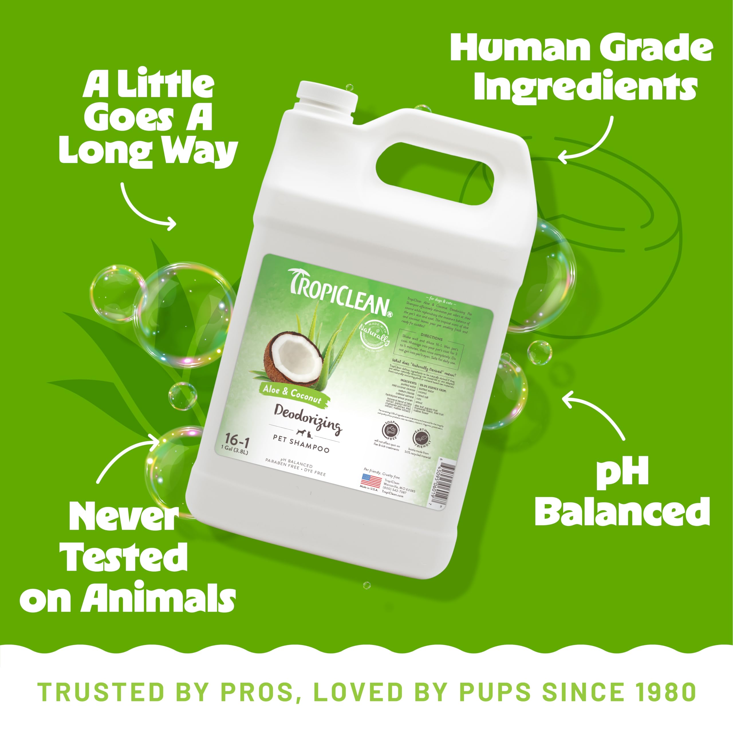 Tropiclean Aloe & Coconut Deodorizing Dog Shampoo For Smelly Dogs | Odor Control Shampoo For Stinky Dogs | Natural Pet Shampoo Derived From Natural Ingredients | Cat Friendly | Made In The Usa | 1 Gal