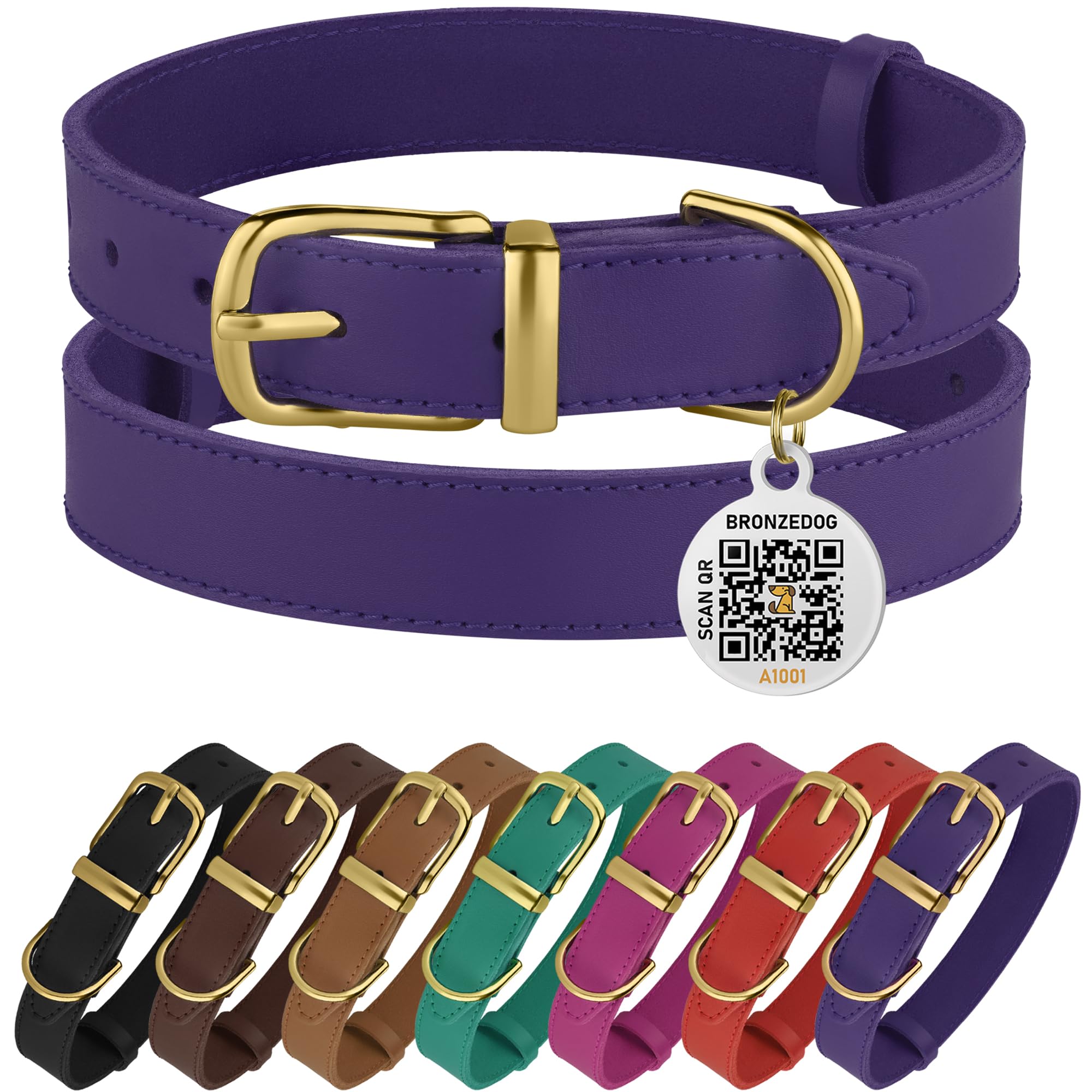 Bronzedog Leather Dog Collar With Metal Buckle Durable Basic Pet Collars For Small Medium Large Dogs (14-17 Inch (Pack Of 1), Purple & Gold Buckle)