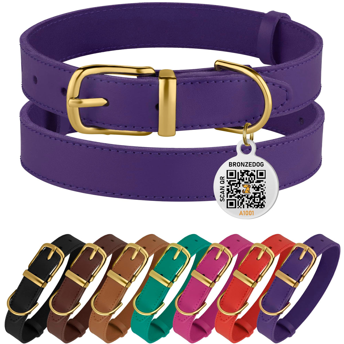 Bronzedog Leather Dog Collar With Metal Buckle Durable Basic Pet Collars For Small Medium Large Dogs (14-17 Inch (Pack Of 1), Purple & Gold Buckle)