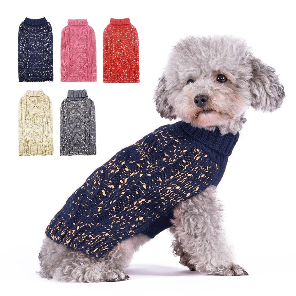 Kyeese Dog Sweater Warm Dog Clothes For Small Dog Pullover Dog Coat Turtleneck Knitwear Sweater With Golden Yarn For Fall Winter, Navy Blue, X-Small