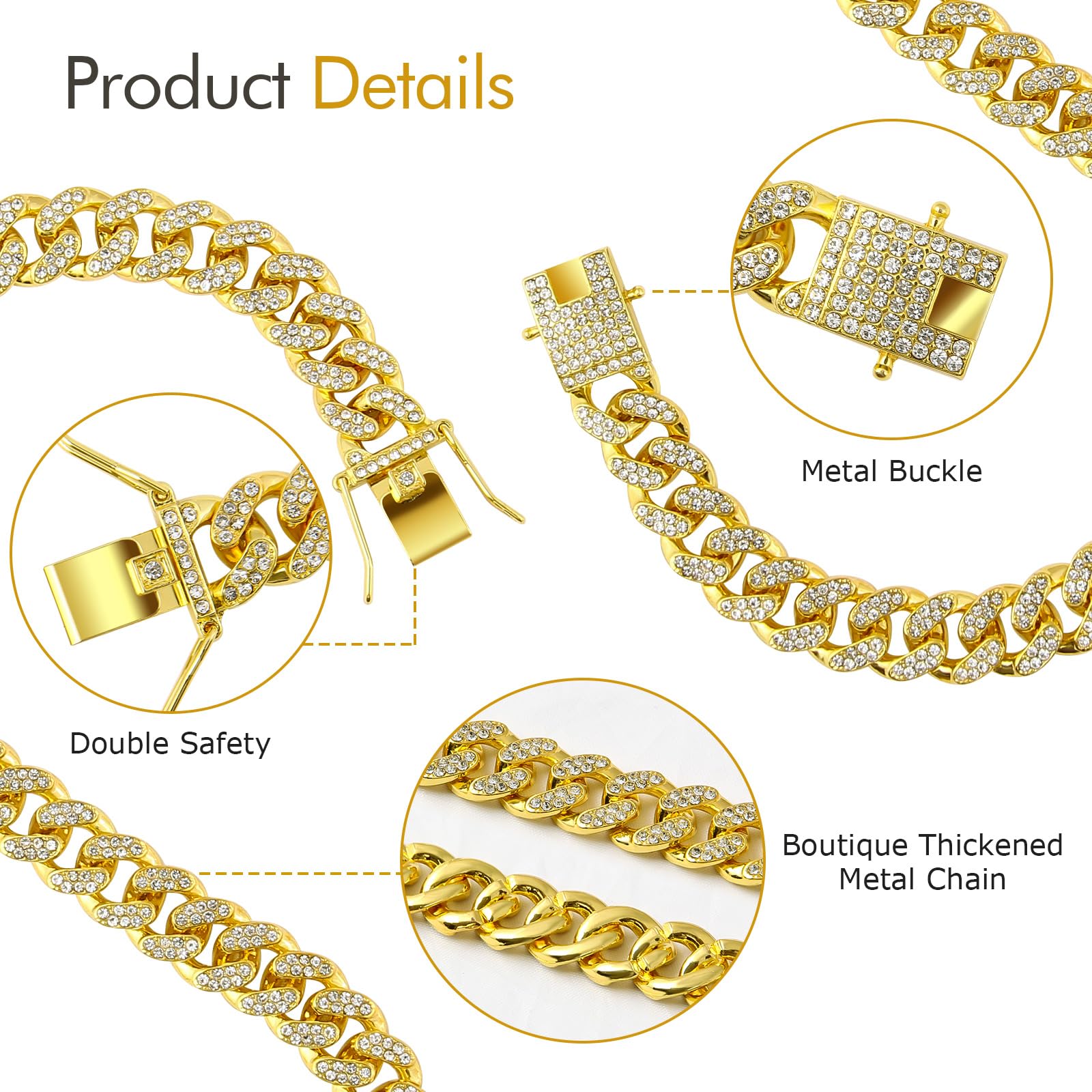 Cuban Link Dog Collar Gold Crystal Dog Necklace Metal Chain Collar With Design Secure Buckle Pet Collar Jewelry Accessories For