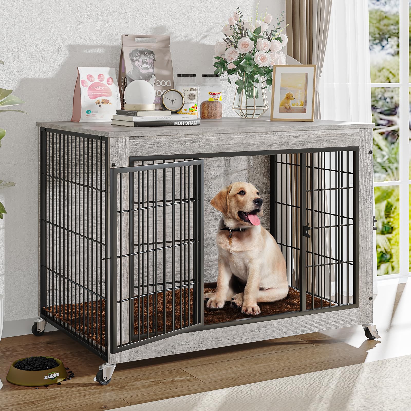 LEMBERI 32 Inch Dog Crate Furniture with Cushion, Double Doors Wooden Dog Kennel Cage Indoor with Wheels, Pet House Decorative S