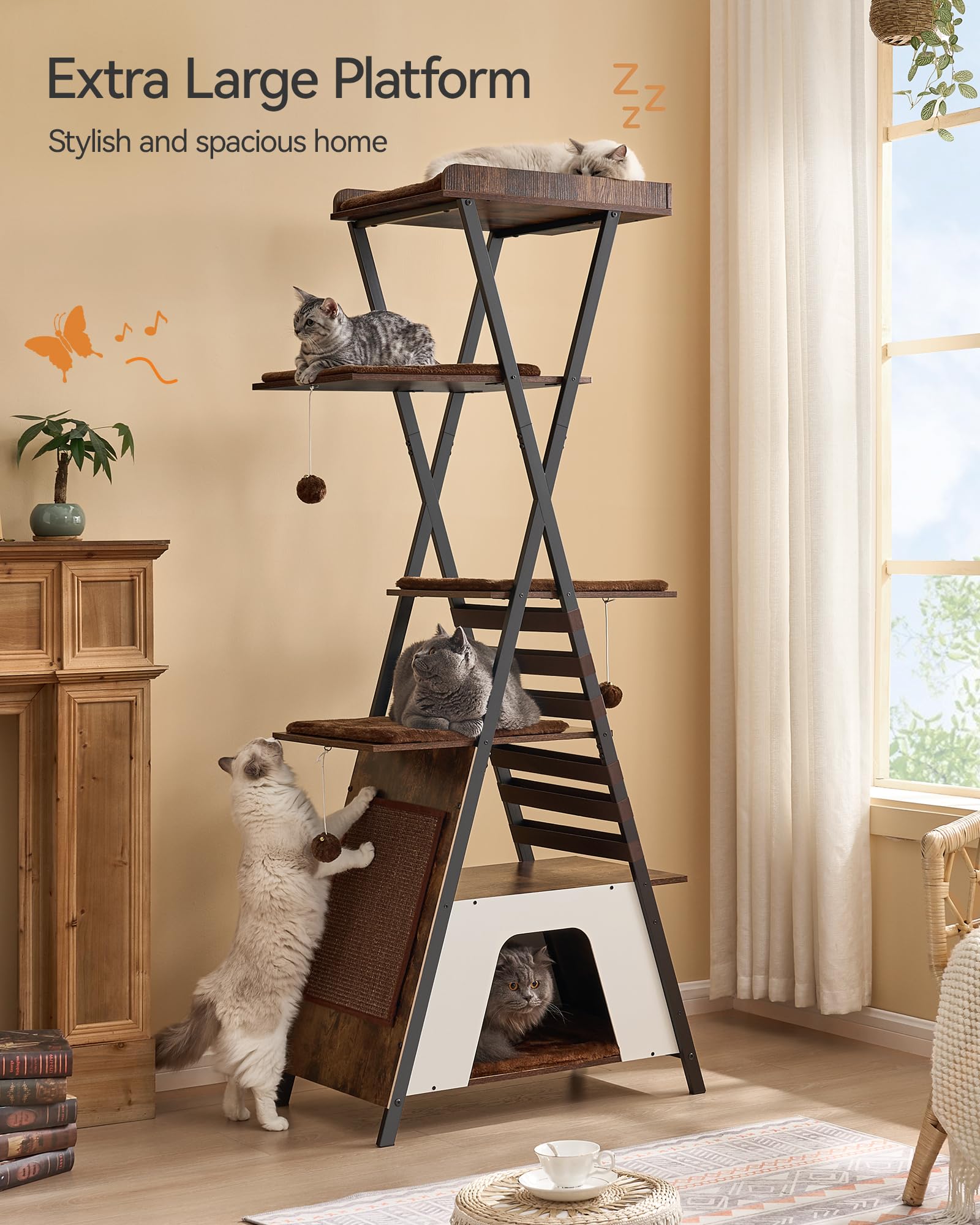 Fourfurpets 72.4'' Modern Cat Tower For Indoor Cats - Multi-Level Condo With Caves, Tall Tree With Scratching Board, Wooden Towe
