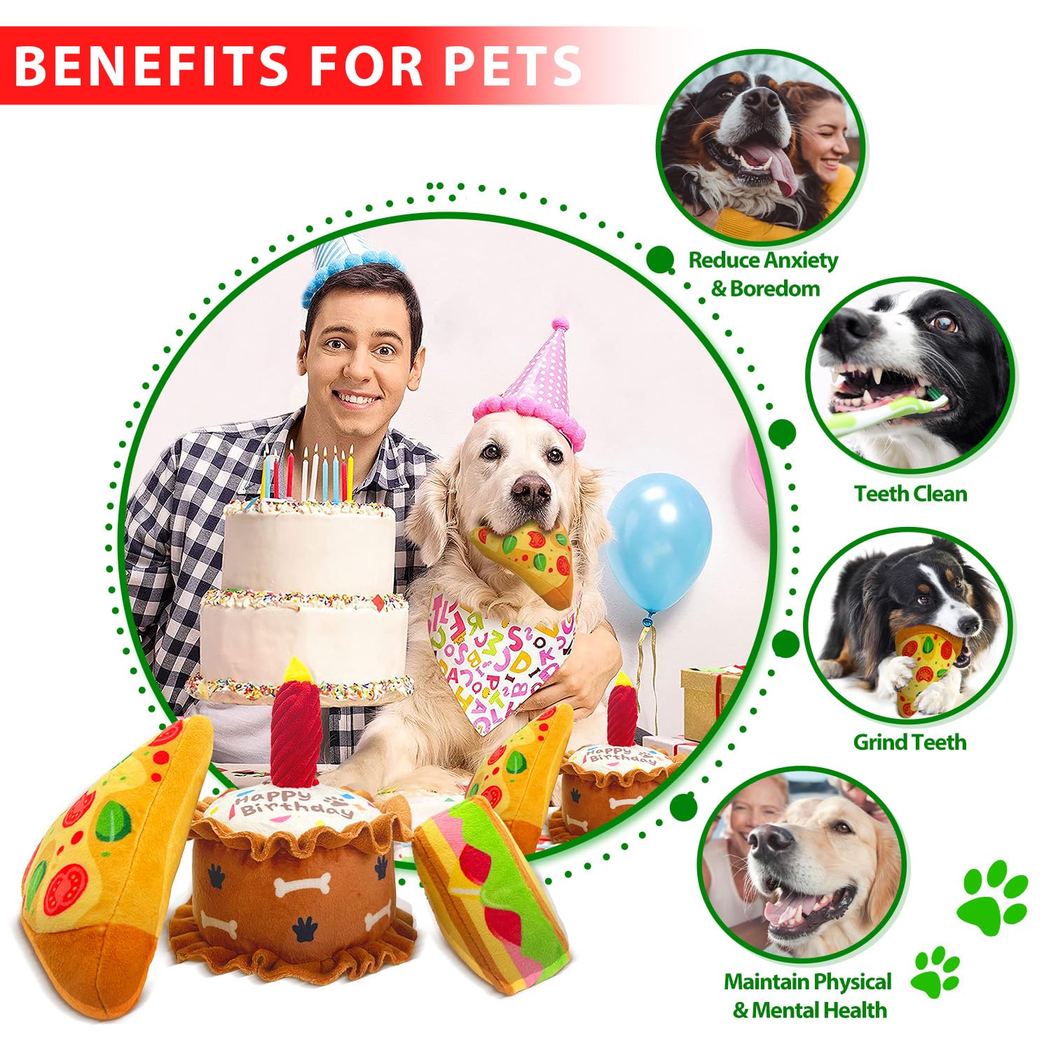Cneeeeeb Birthday Squeaky Crinkly Cake Aggressive Chew For Pups Sandwiches Pizza Party Dog Toy Colorful Playset To Keep Your Fur