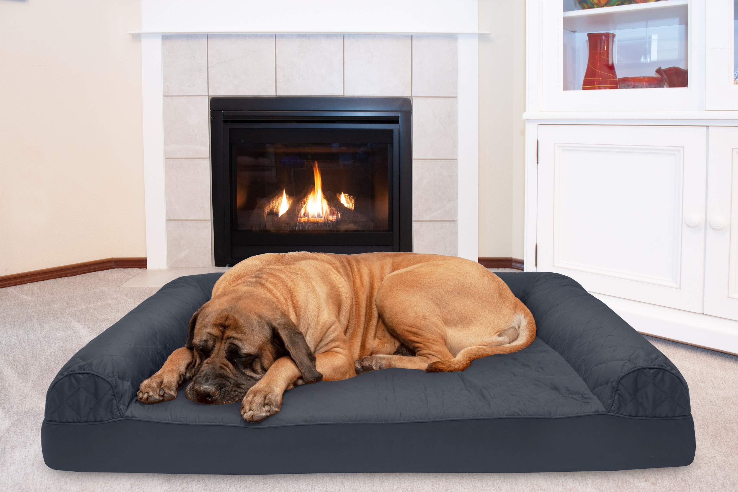 Furhaven Cooling Gel Dog Bed for Large Dogs w/ Removable Bolsters & Washable Cover, For Dogs Up to 125 lbs - Quilted Sofa - Iron
