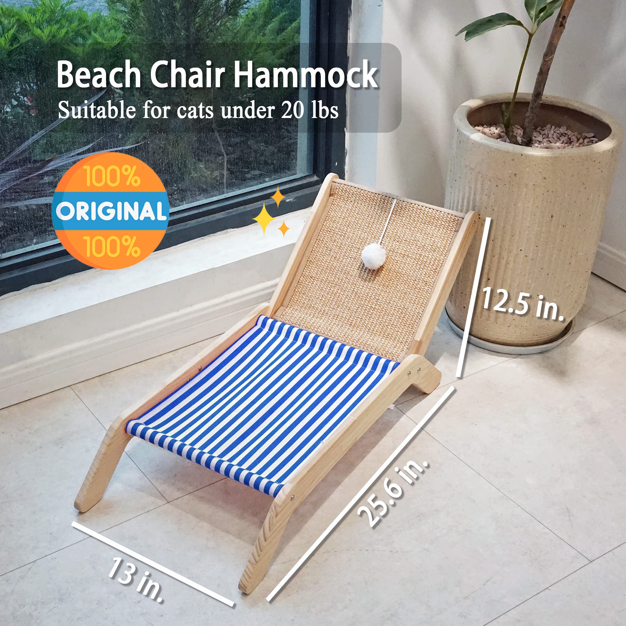 Petkaray Cat Hammock, Original Cat Furniture Of Mini Beach Chair, Elevated Cat Bed With Durable Sisal Scratcher, Natural Solid W