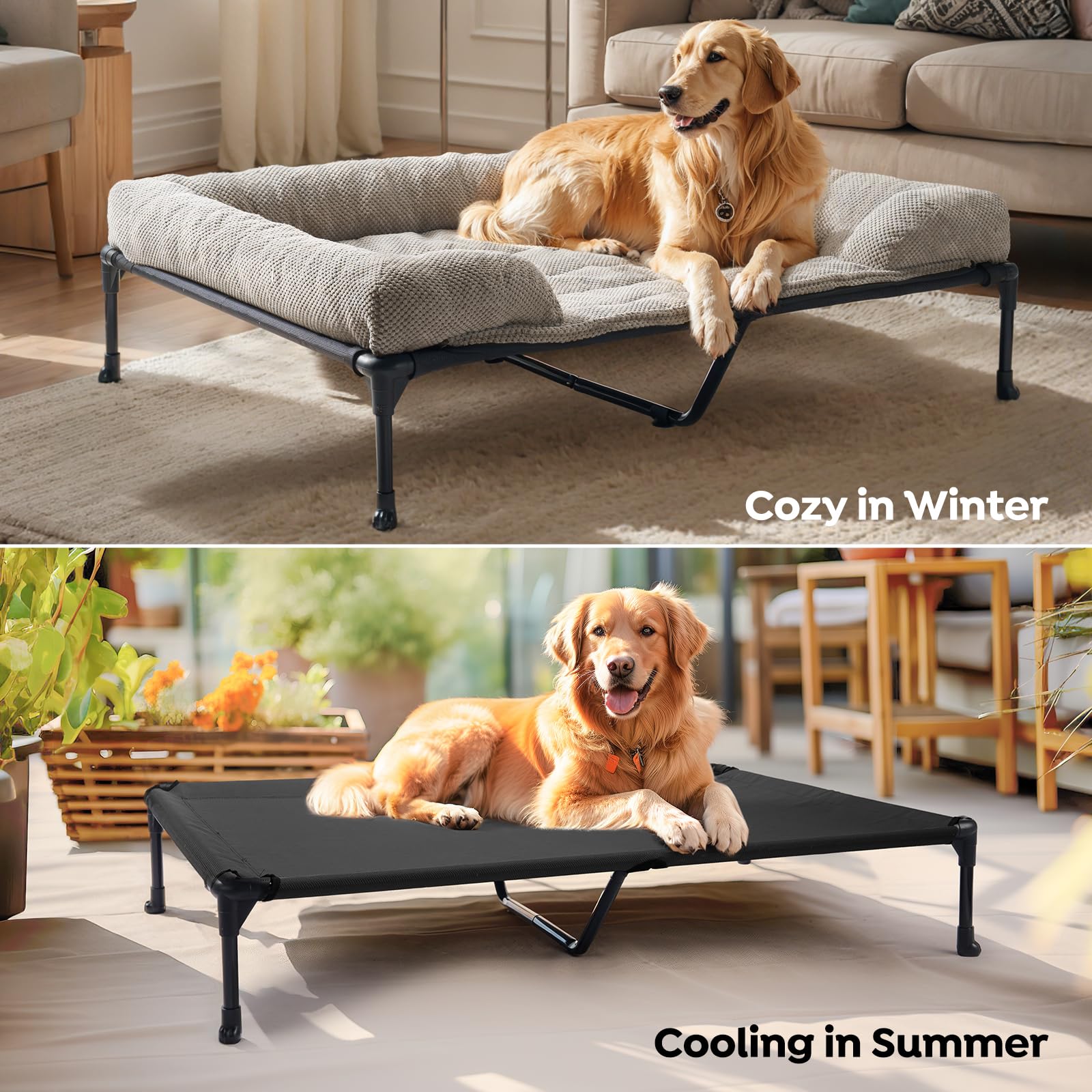 Veehoo Cooling Elevated Dog Bed Add Removable Corduroy Bolster Cushion Mat, 47'' X 29'' Washable Dog Couch Bed, Raised Pet Cot W