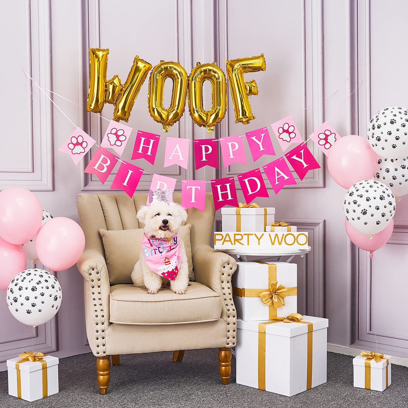 Partywoo Dog Birthday Party Supplies, Dog Birthday Bandana, Birthday Hat, Birthday Banner, Dog Balloons, 15 Pcs Pink Dog Party Decorations, Party Supplies, Dog Birthday For Small Medium Dogs Pet