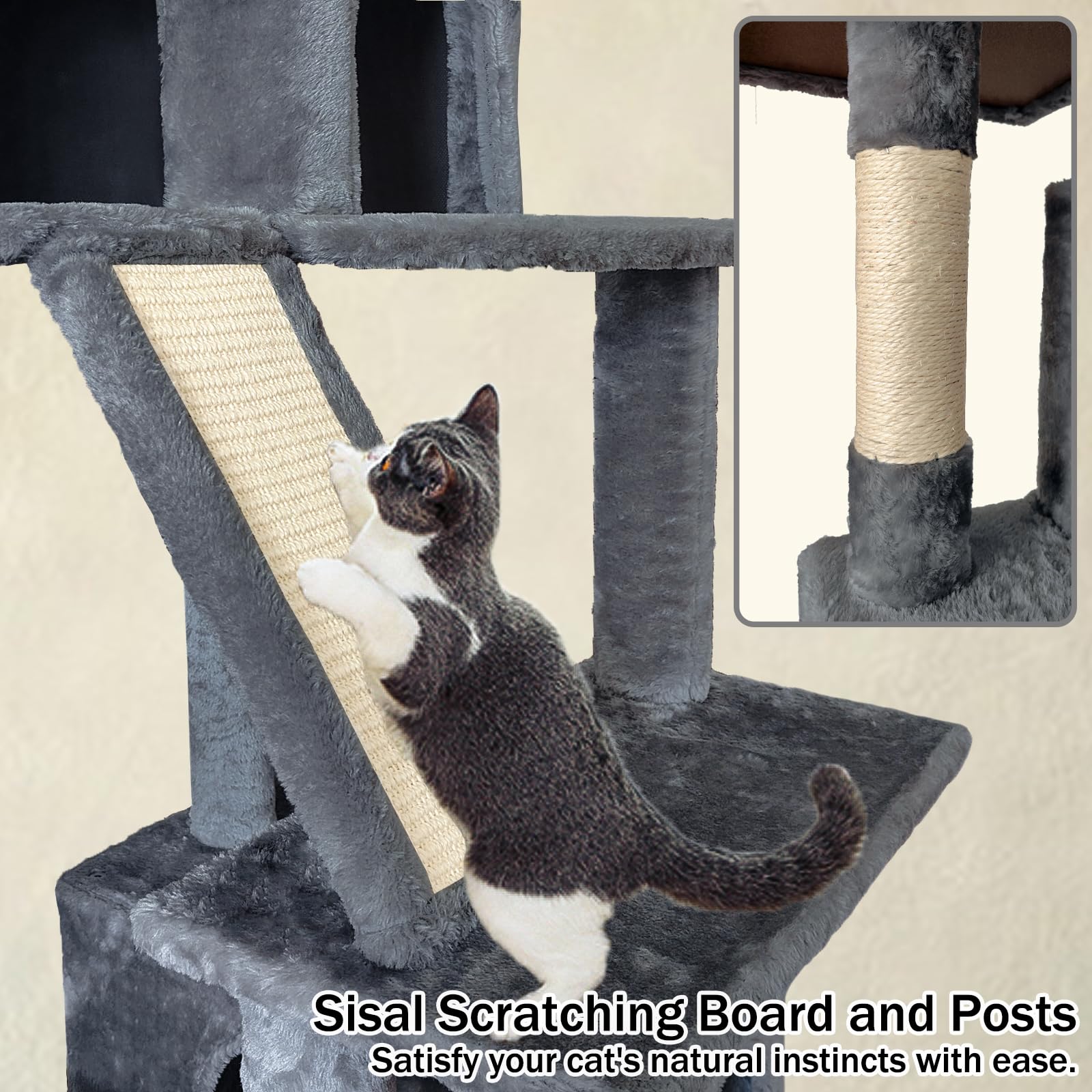Pempet 70' Cat Tree Tower For Indoor Cats, Multi-Level Cat Tower Condo With Sisal Scratching Post (Dark Gray)