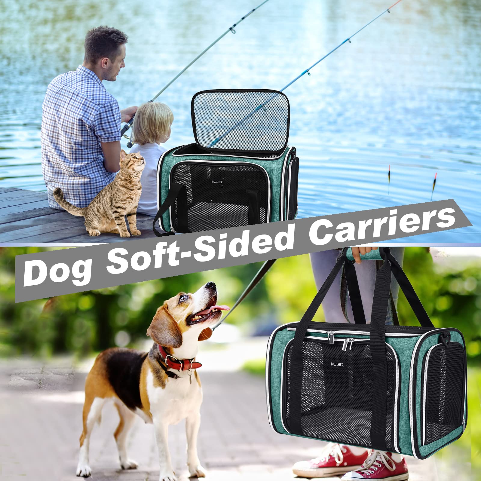 Baglher Pet Travel Carrier, Cat Carriers Dog Carrier For Small Medium Cats Dogs Puppies, Airline Approved Small Dog Carrier Soft Sided, Collapsible Puppy Carrier. Green