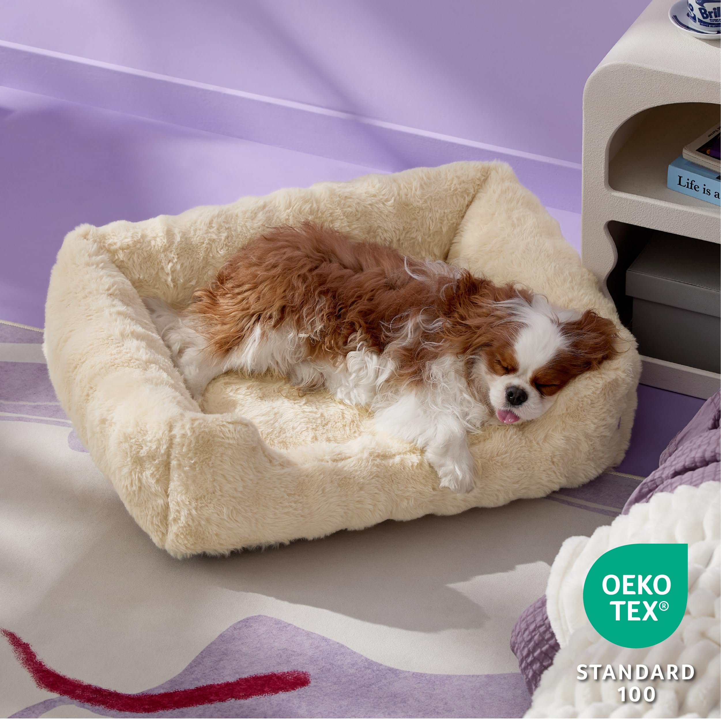 Lesure Fluffy Dog Beds for Medium Dogs - Rectangle Orthopedic Calming Pet Sofa,Plush Bubble Bolster Pet Bed with Removable Washa