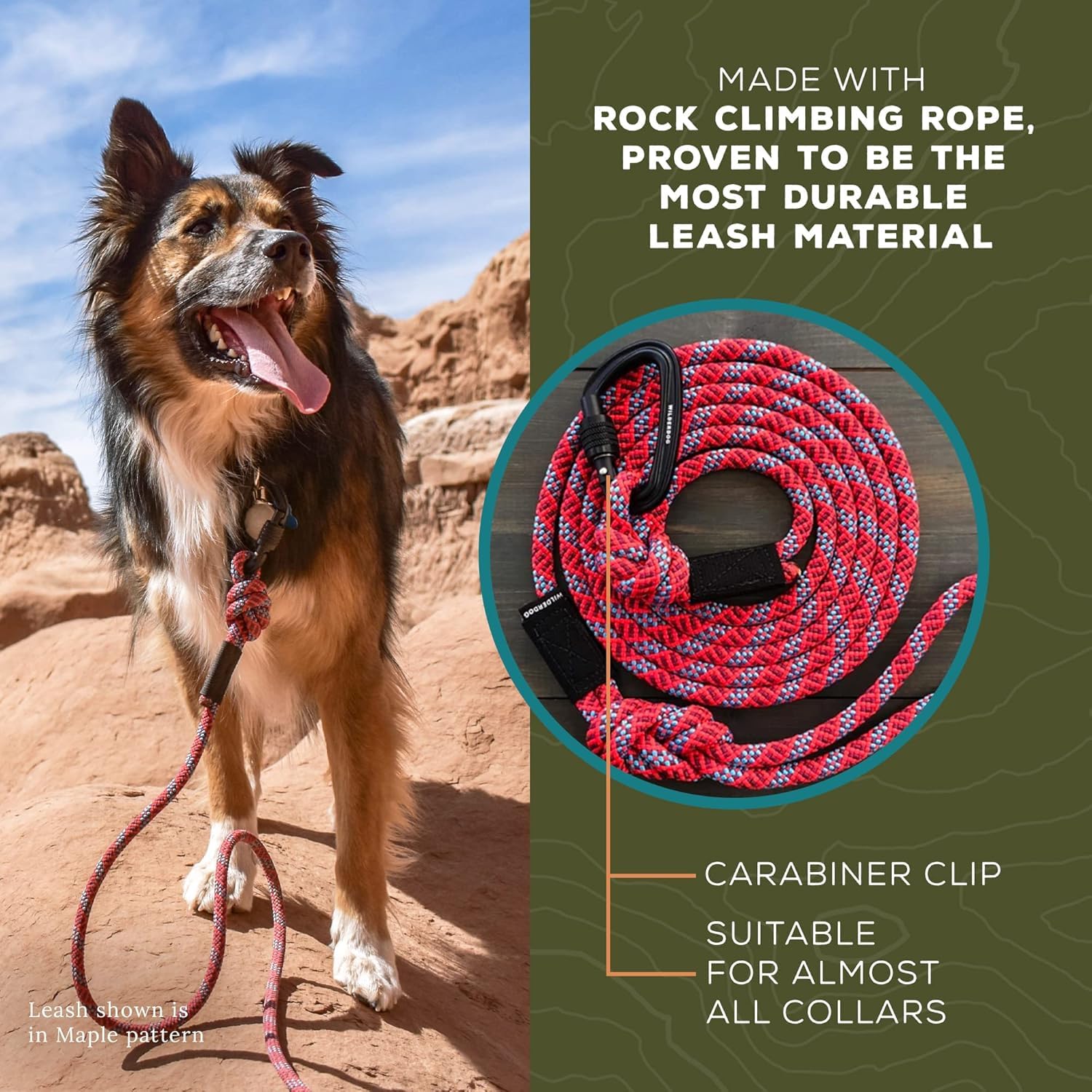 Wilderdog Carabiner Climbing Rope Dog Leash For Medium & Large Dogs - 10Ft - Maple