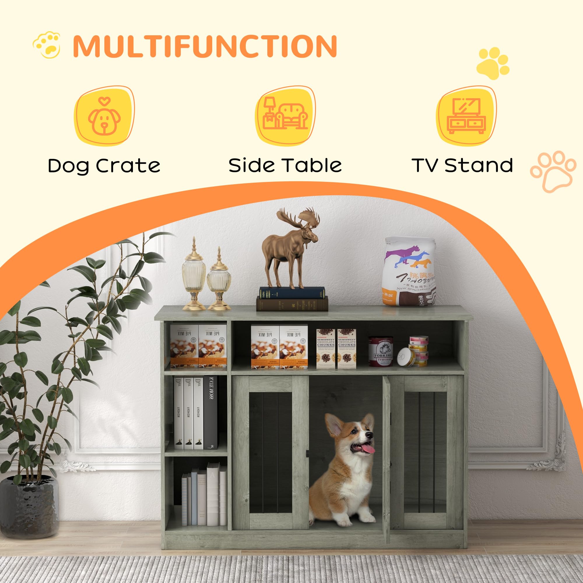 PawHut Dog Crate Furniture with Adjustable Shelf, Dog Crate End Table, Indoor Pet Crate for Medium and Large Dogs, with Large Fl