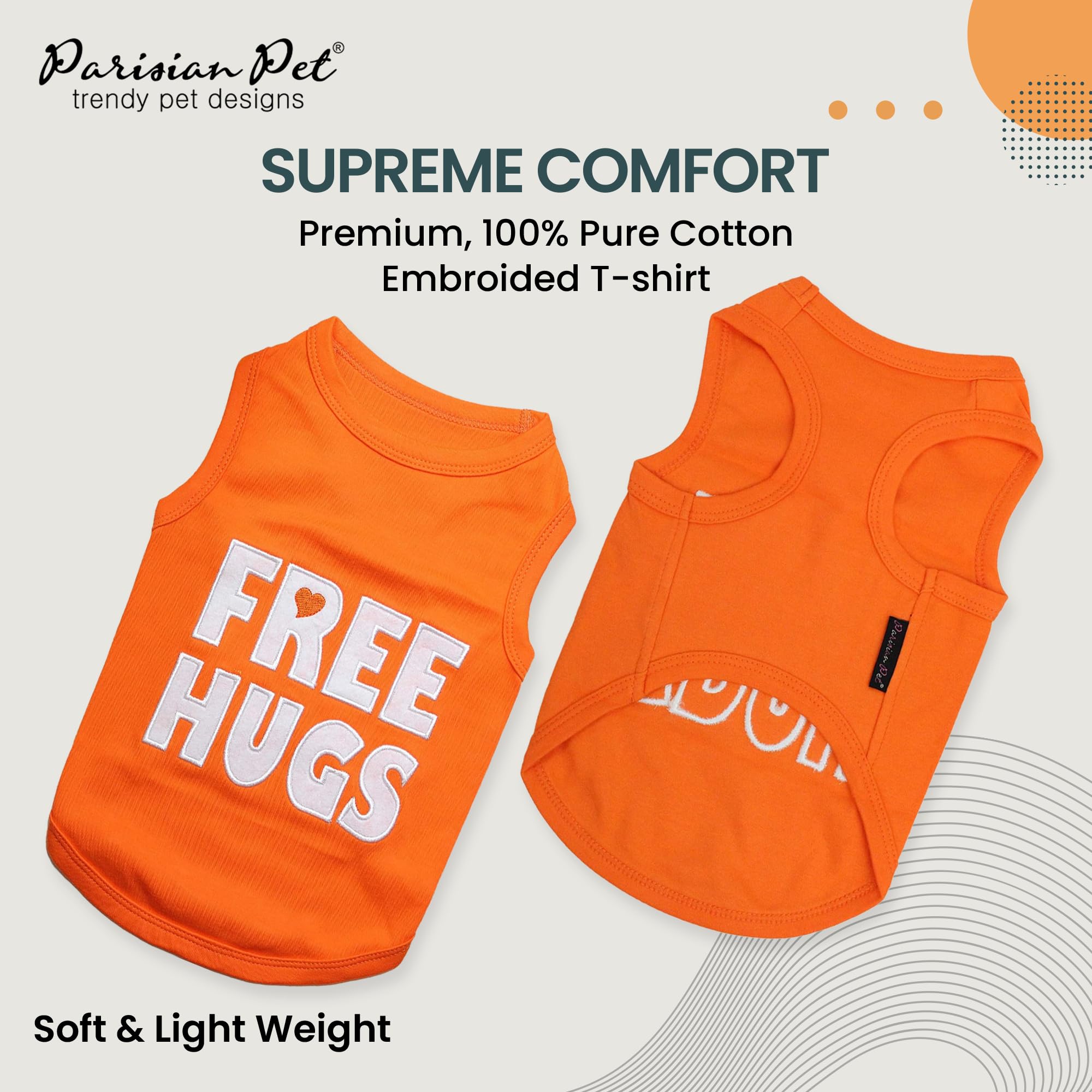 Parisian Pet Dog T-Shirt - Embroidered ' Free Hugs ' Dogs Apparel - 100% Cotton, Dog Clothes - Sleeveless Doggy Tank Top - Machi