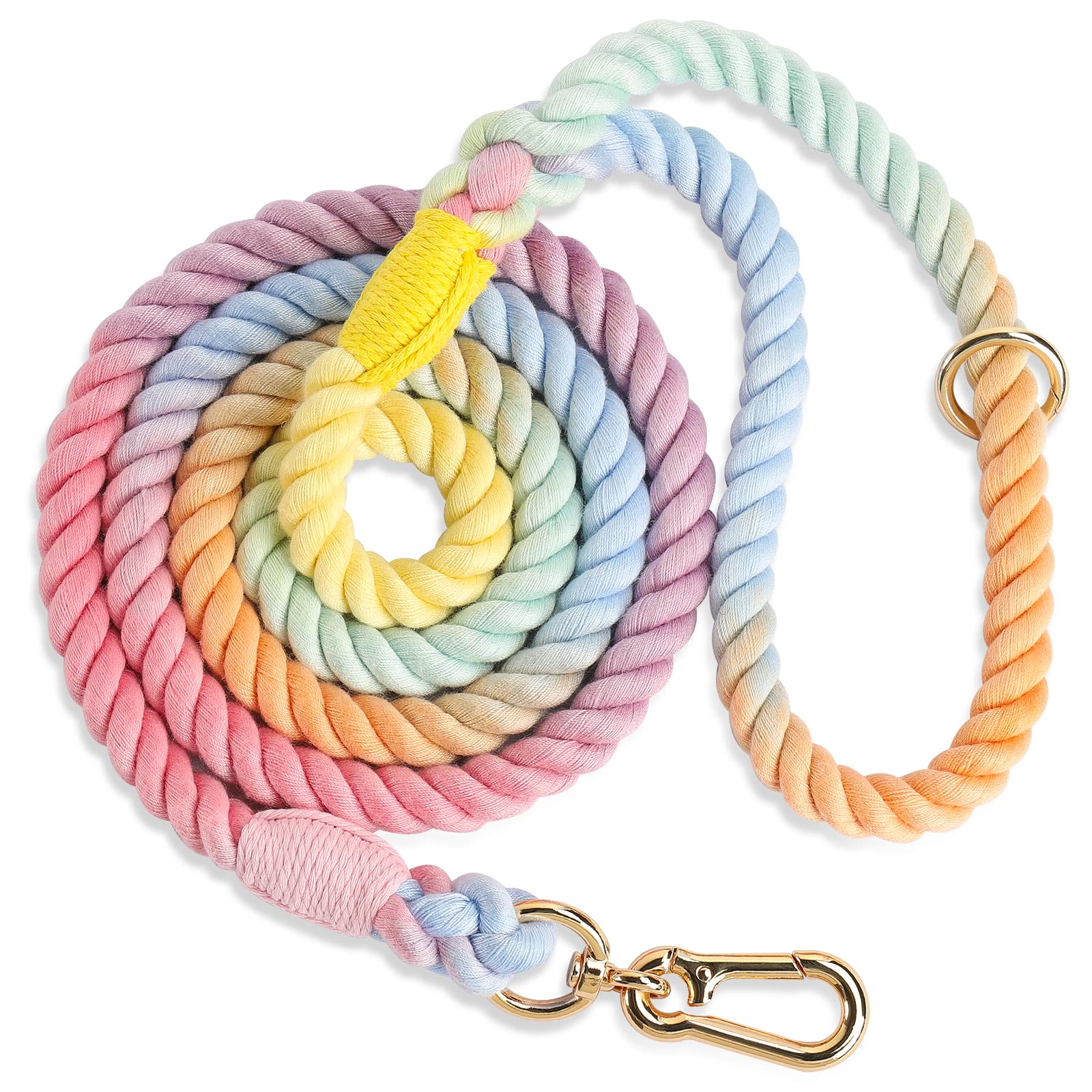 NUGUTIC Handmade Braided Cotton Rope Leash with Heavy Duty Metal Clasp, Cute Wedding Dog Leash (Colorful Macaron, 6 FT)