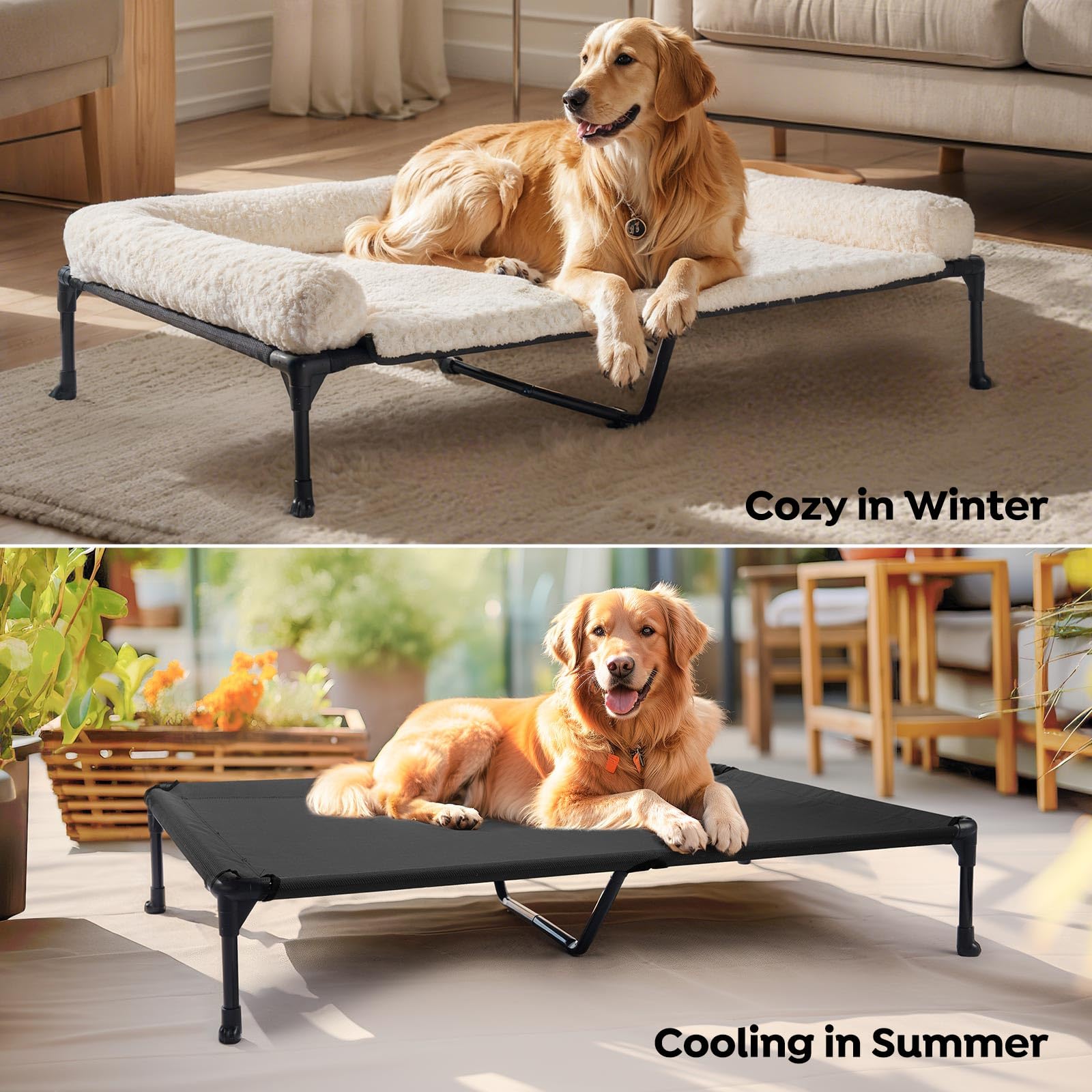 Veehoo Elevated Dog Bed with Removable Plush Bolster, 47"x29", White-Rose Velvet, Washable Cot with Breathable Mesh and No-Slip Feet