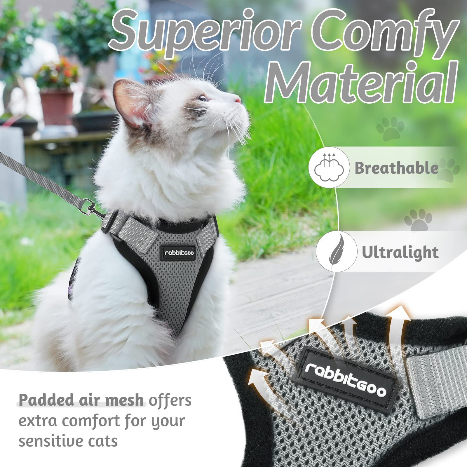 Rabbitgoo Cat Harness And Leash For Walking, Escape Proof Soft Adjustable Vest Harnesses For Cats, Easy Control Breathable Reflective Strips Jacket, Grey, Xs