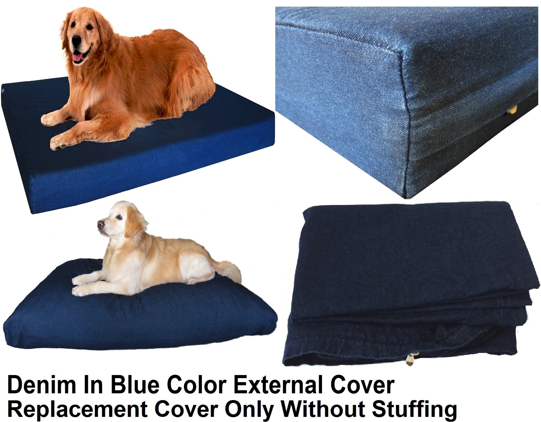 Dogbed4Less 41X27X4 Inches Large Durable Blue Color Denim Jean Cotton Dog Pet Bed External Zipper Cover - Replacement Cover Only
