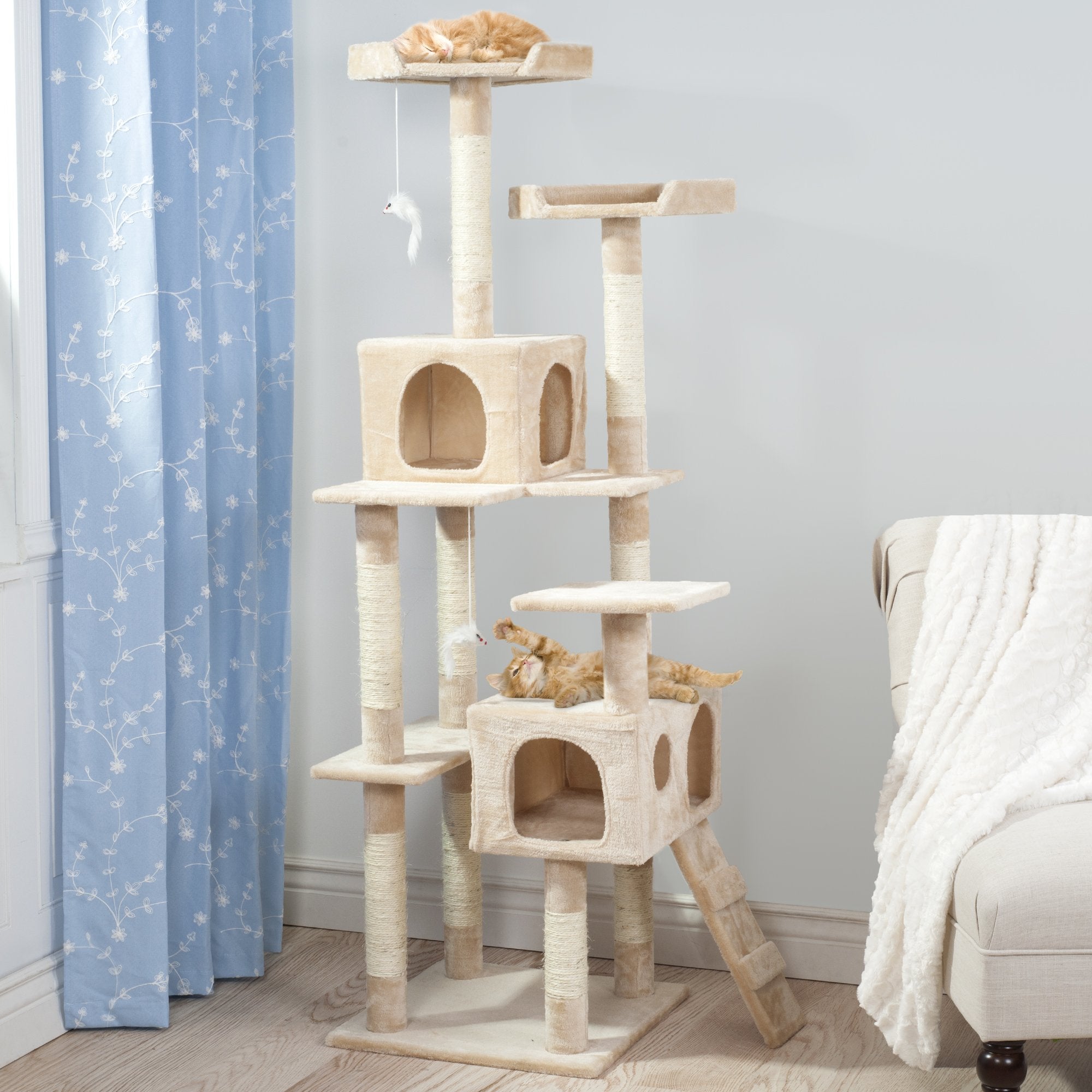 Cat Tree - 5.5-Foot Cat Tower For Indoor Cats With Perches, 2 Condos, 9 Cat Scratching Posts, 2 Hanging Toys, And 2-Step Ladder