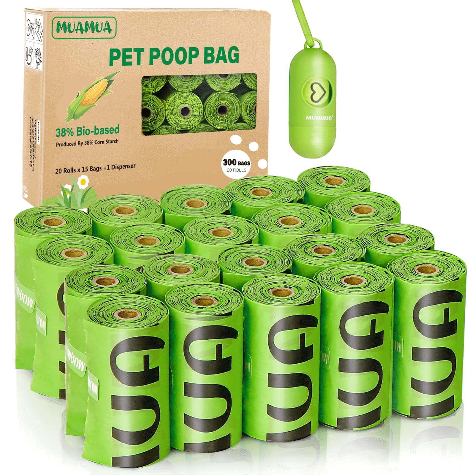 MUAMUA Biodegradable Dog Poop Bag 300 Count, 20 Rolls, Recyclable Dog Waste Bags with Dispenser, Large 9 x 13 Inches, Extra Thic