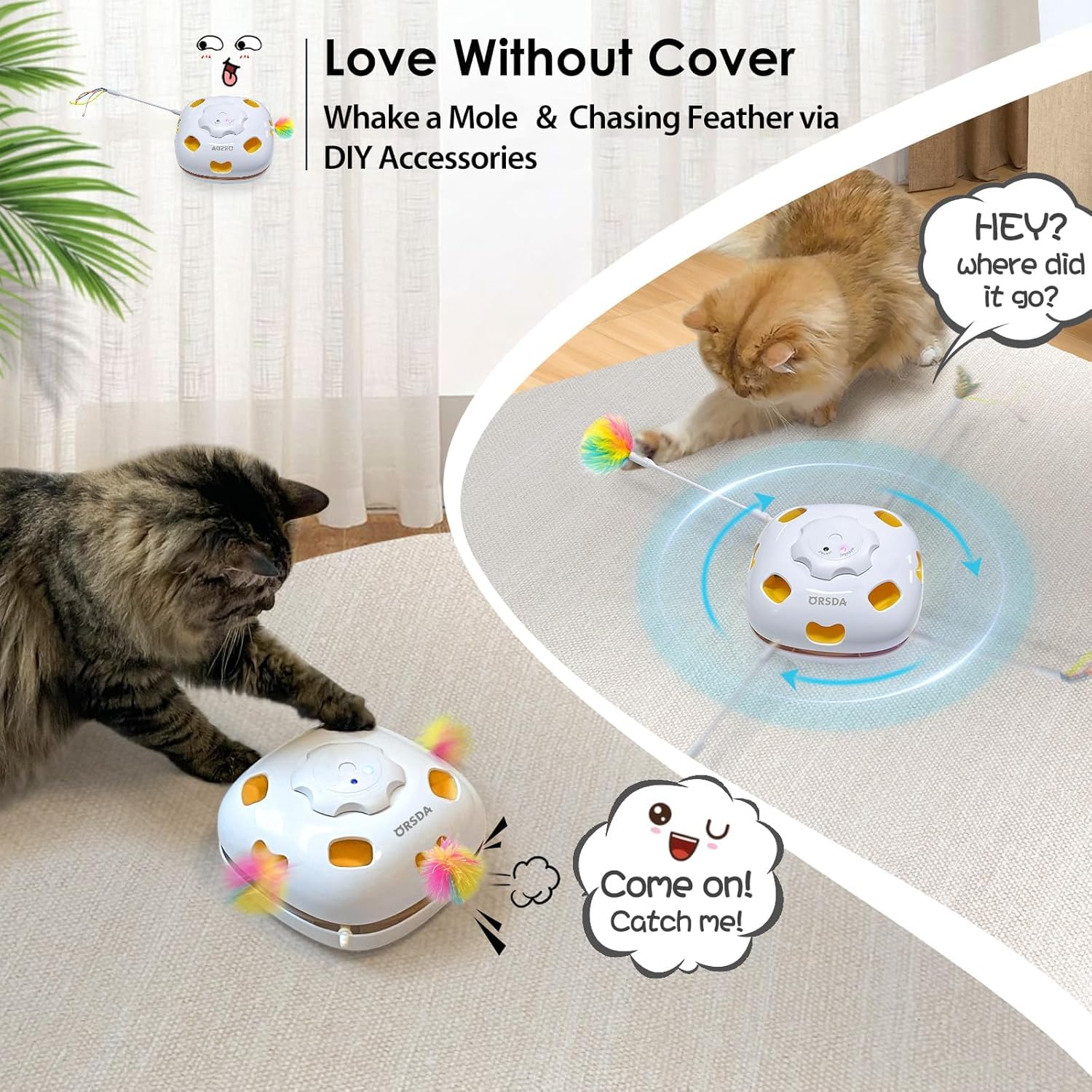 Orsda Cat Toy, Chargeable 4-In-1 Interactive Cat Toys For Indoor Cats, Hide And Seek, Cat Wand Toy, Whack A Mole, Automatic Kitt