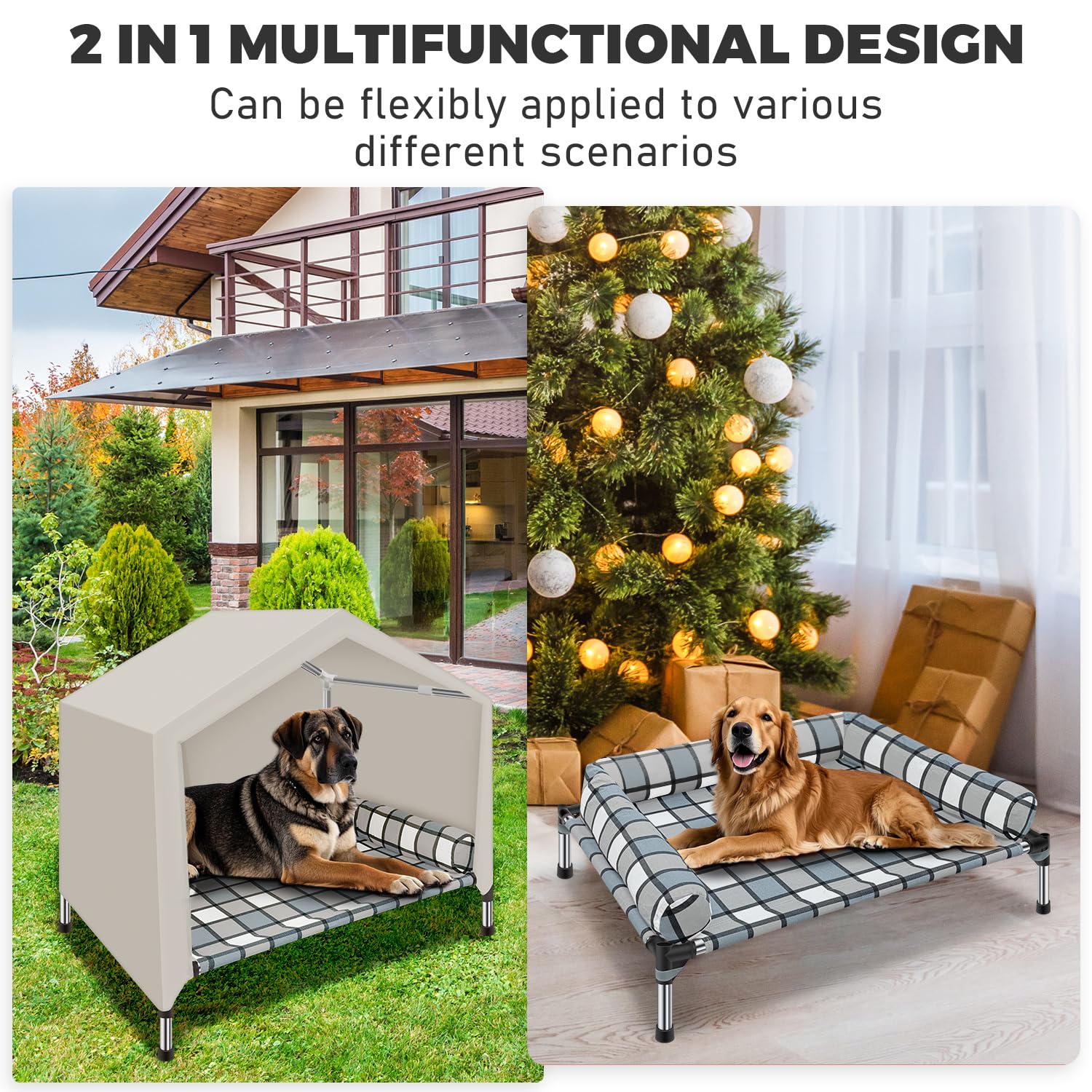 Elevated Dog Pet Bed House - Weatherproof 2-In-1 Indoor Outdoor Pet Cot With Canopy Cooling Portable Raised Dog Bed With Pillow