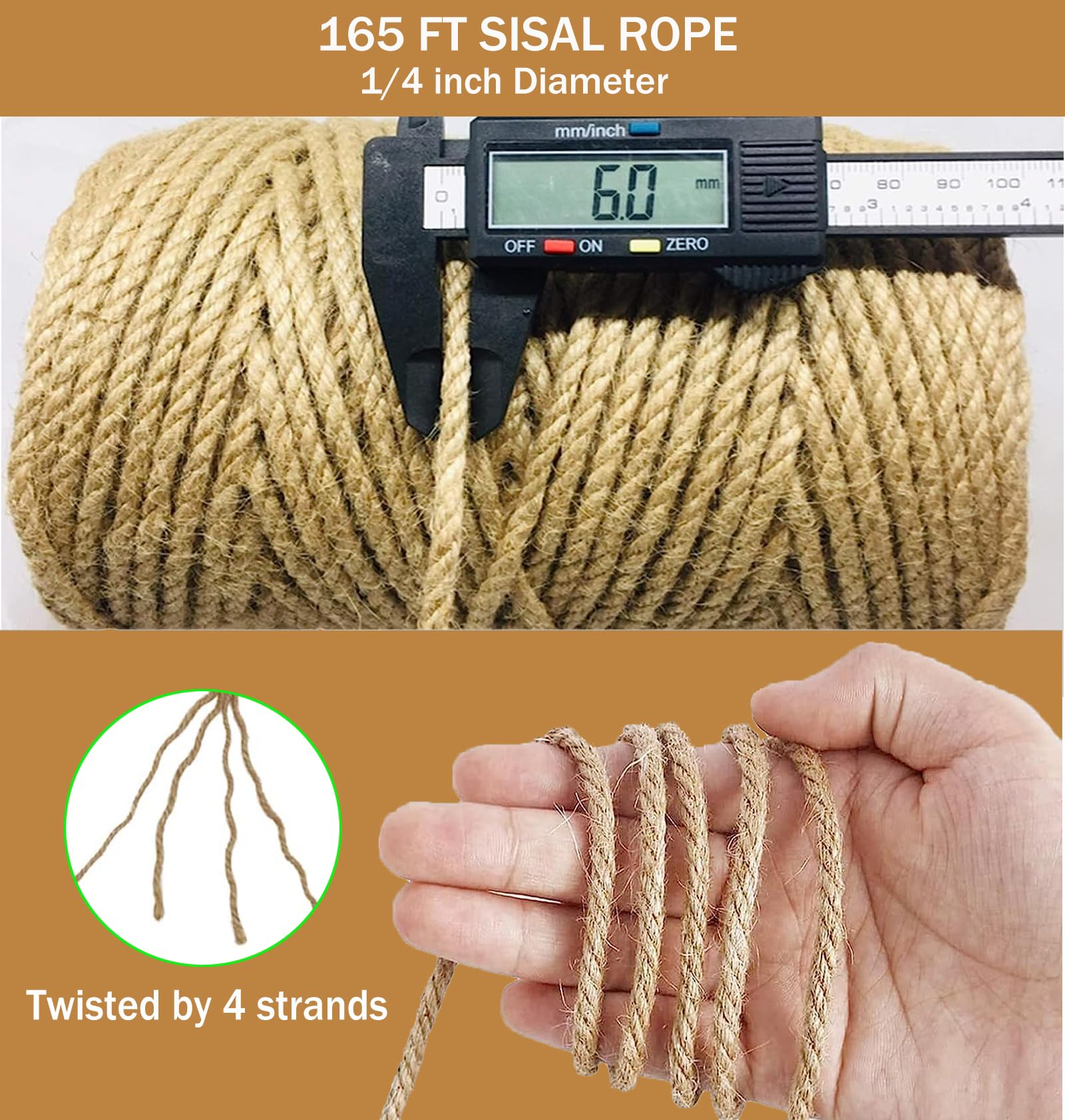 Sisal Rope For Cat Scratcher,Rope For Cat Scratch Post 1/4In 164Ft Jute Twine For Scratching Post Repairing, Recovering Or Diy