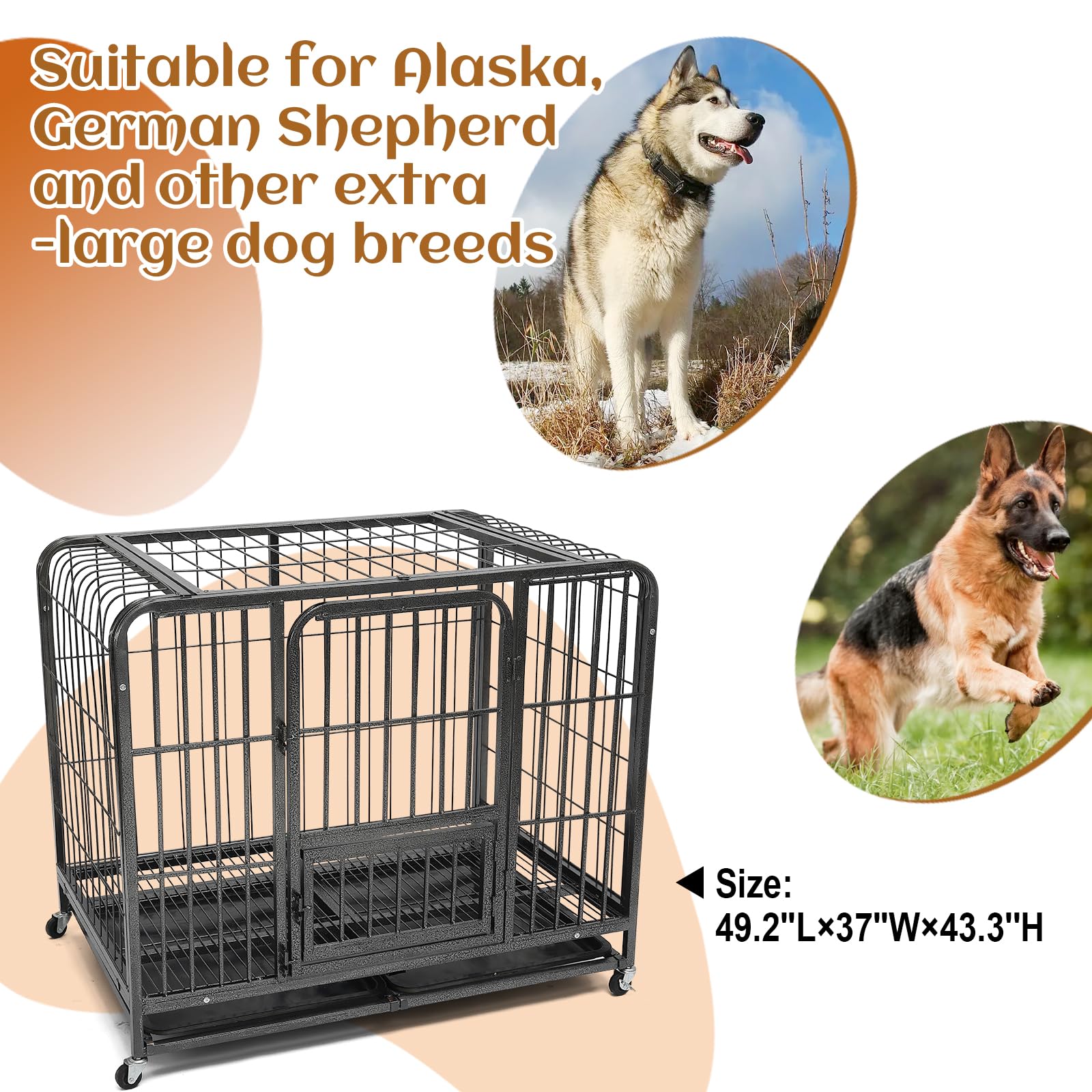 49.2Inch Indestructible Metal Dog Crates For Large Dogs, Heavy Duty Escape Proof Dog Kennel Indoor Extra Large Dog Crate With Lo