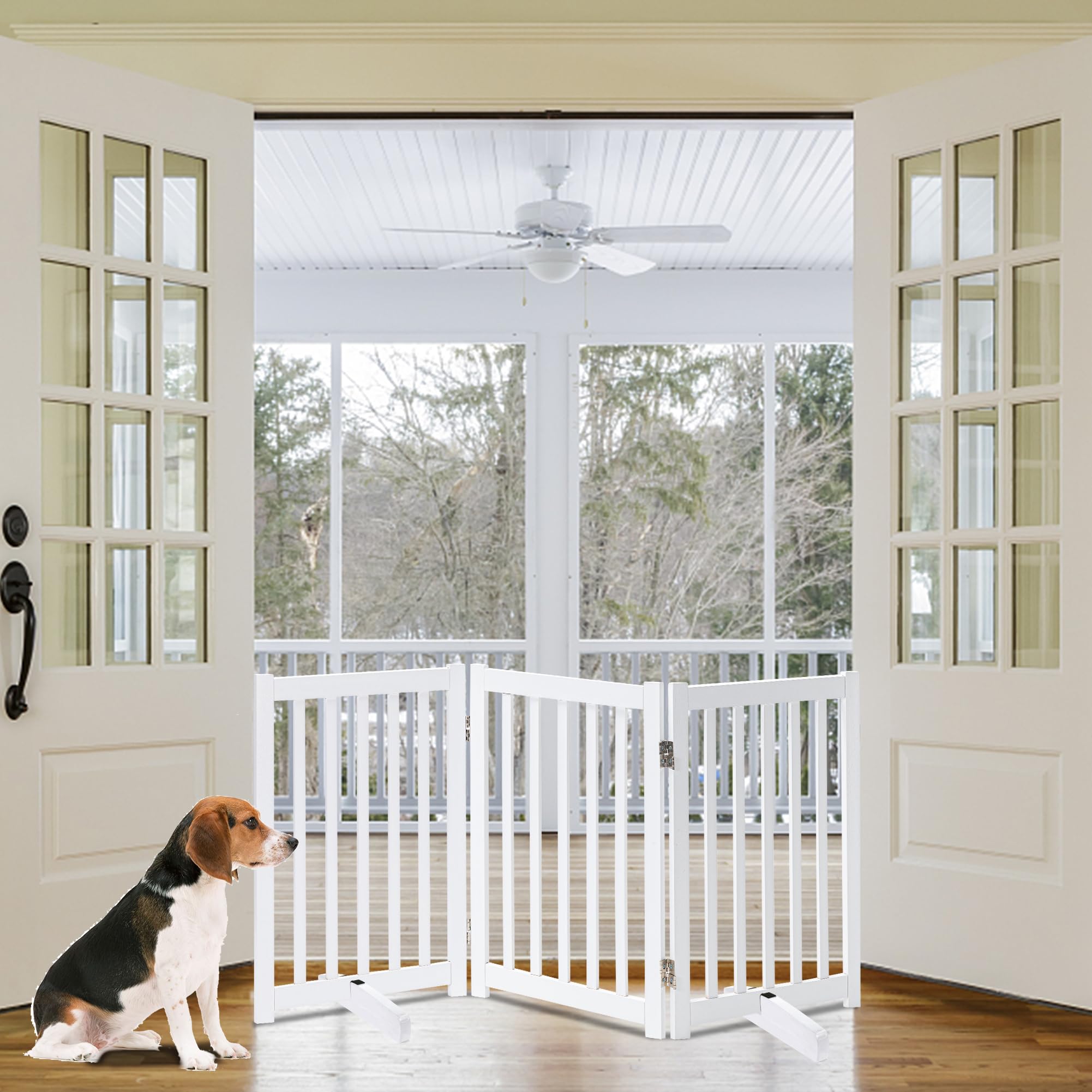 Lzrs Solid Hardwood Freestanding Pet Gate,Wooden Dog Gates For Doorways,Nature Wood Dog Gates For The House,Dog Gate For Stairs,Freestanding Indoor Gate Safety Fence,White,30' Height-3 Panels