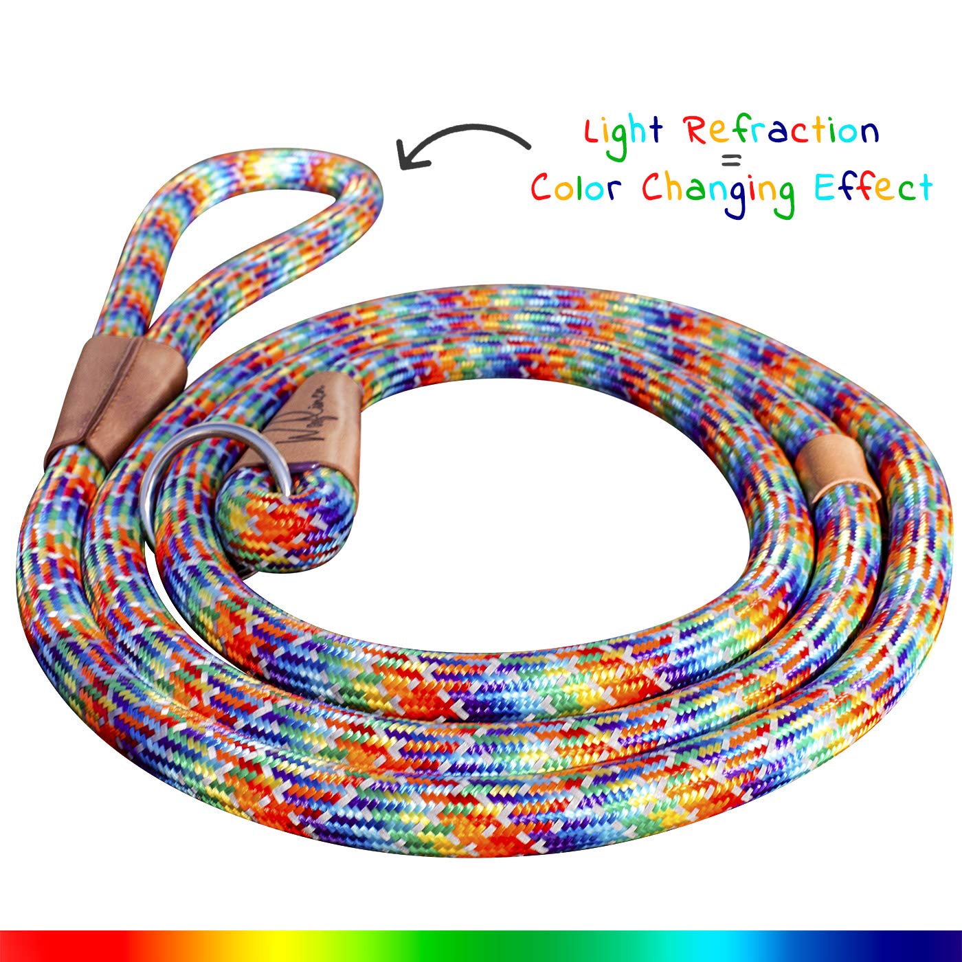 Wooflinen 7ft Rainbow Ultra Reflective Dog Slip Leash - Premium Nylon Climbing Rope for Strong Pullers
