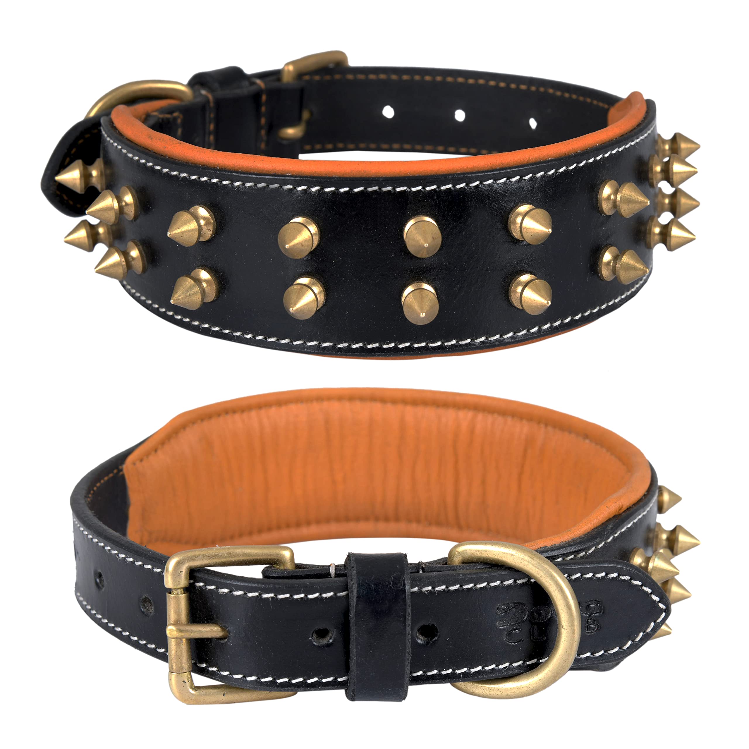 Dowgclub Spiked Leather Dog Collar - 1.75' Wide Full Grain Bridle Leather, Heavy Duty, Padded & Adjustable - For Medium Breeds 