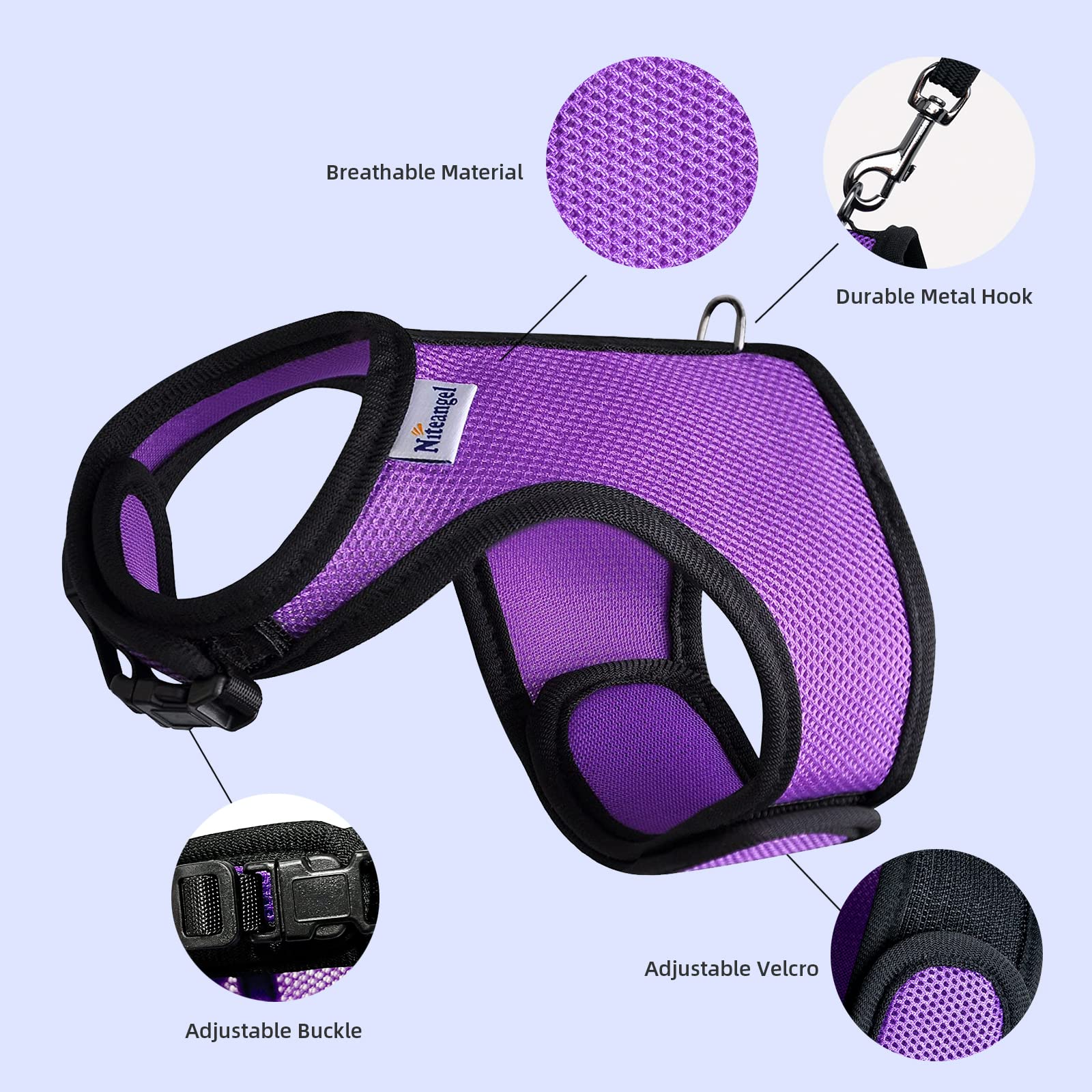 Niteangel Adjustable Soft Harness With Elastic Leash For Rabbits (Xl, Purple)