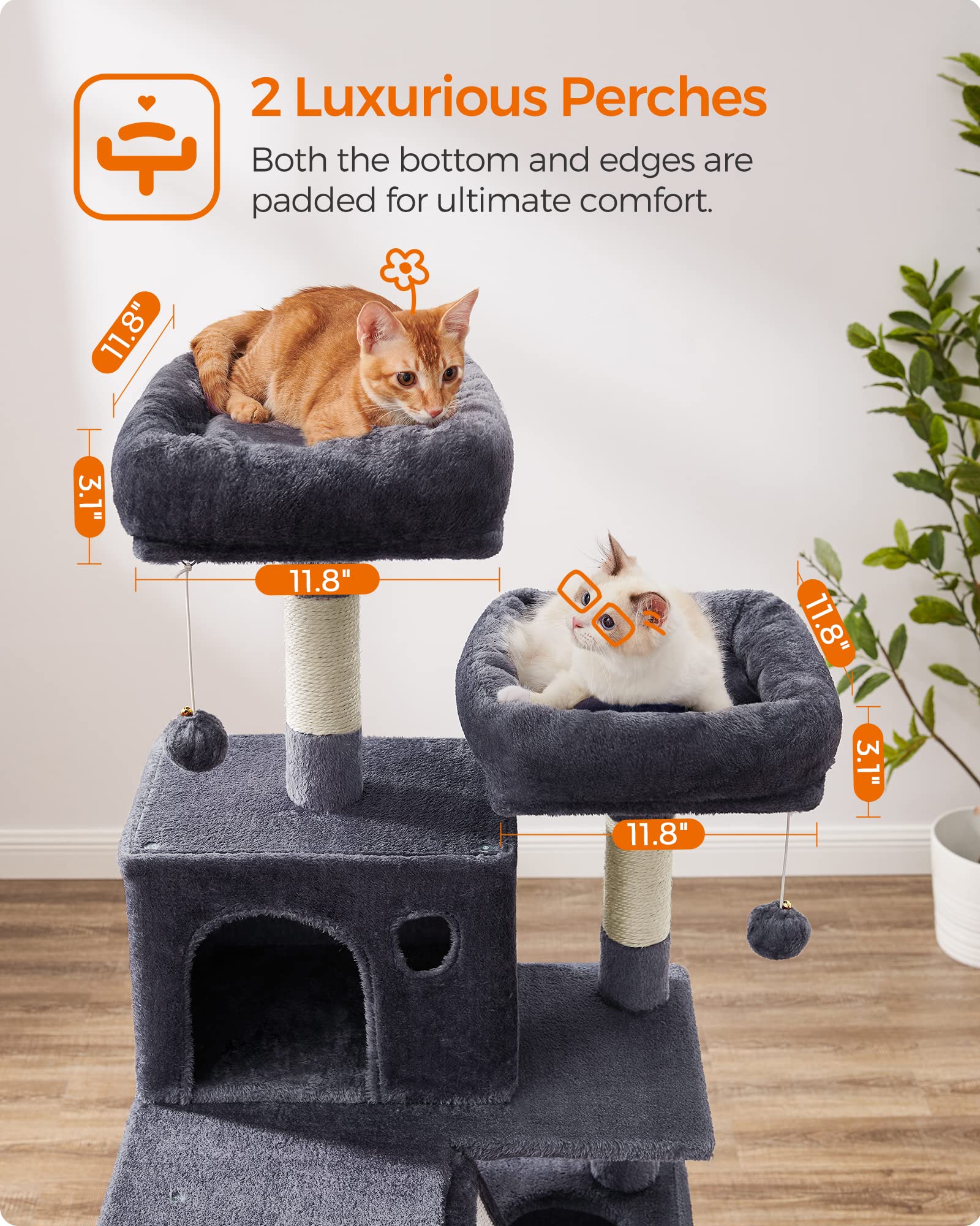 Feandrea Cat Tree, 66.1-Inch Large Cat Tower With 13 Scratching Posts, 2 Perches, 2 Caves, Basket, Hammock, Pompoms, Multi-Level