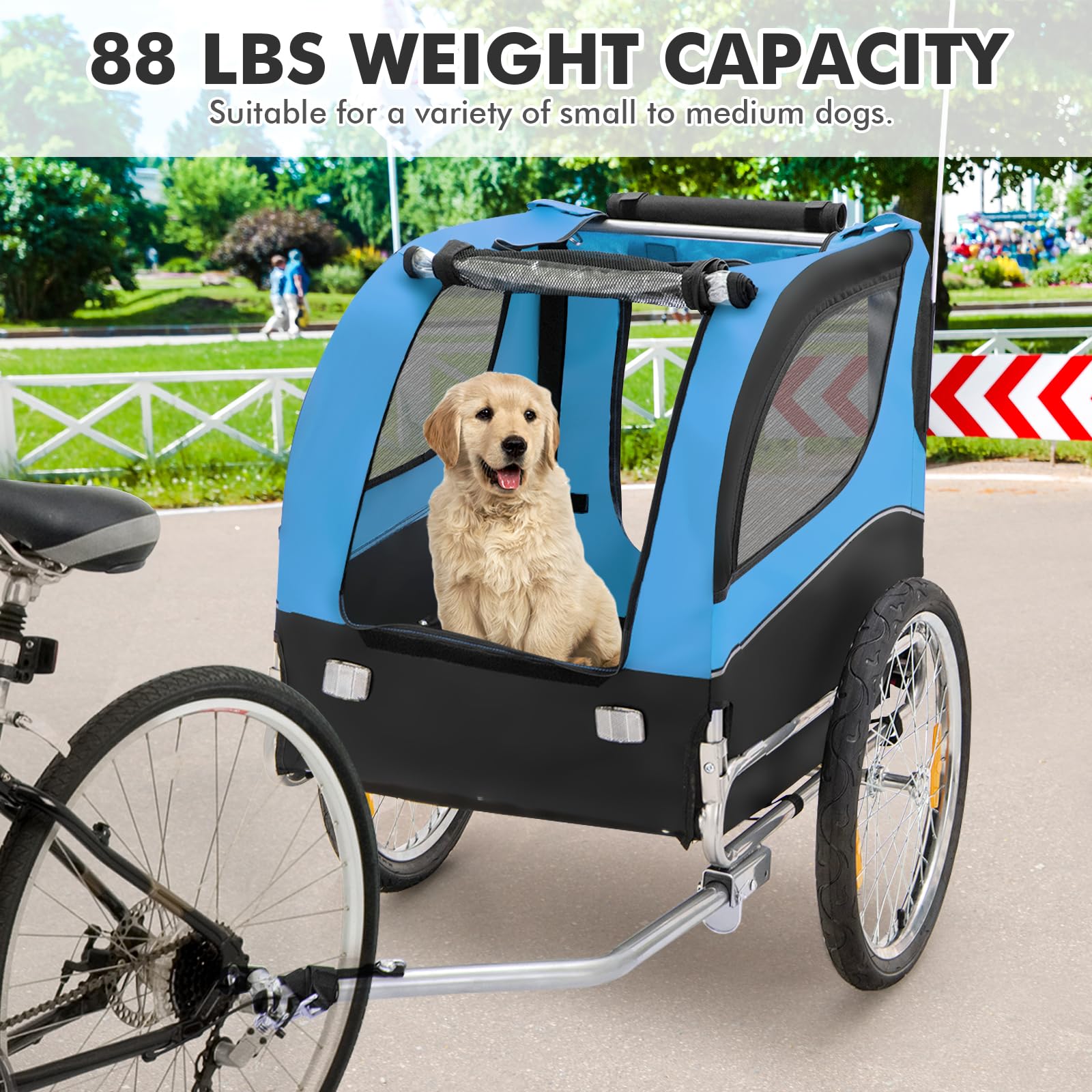 Tangkula Dog Bike Trailer, Breathable Mesh Dog Cart With 3 Entrances, Safety Flag, 8 Reflectors, Folding Pet Carrier Wagon With 20 Inch Wheels, Bicycle Carrier For Medium And Small Sized Dogs (Blue)