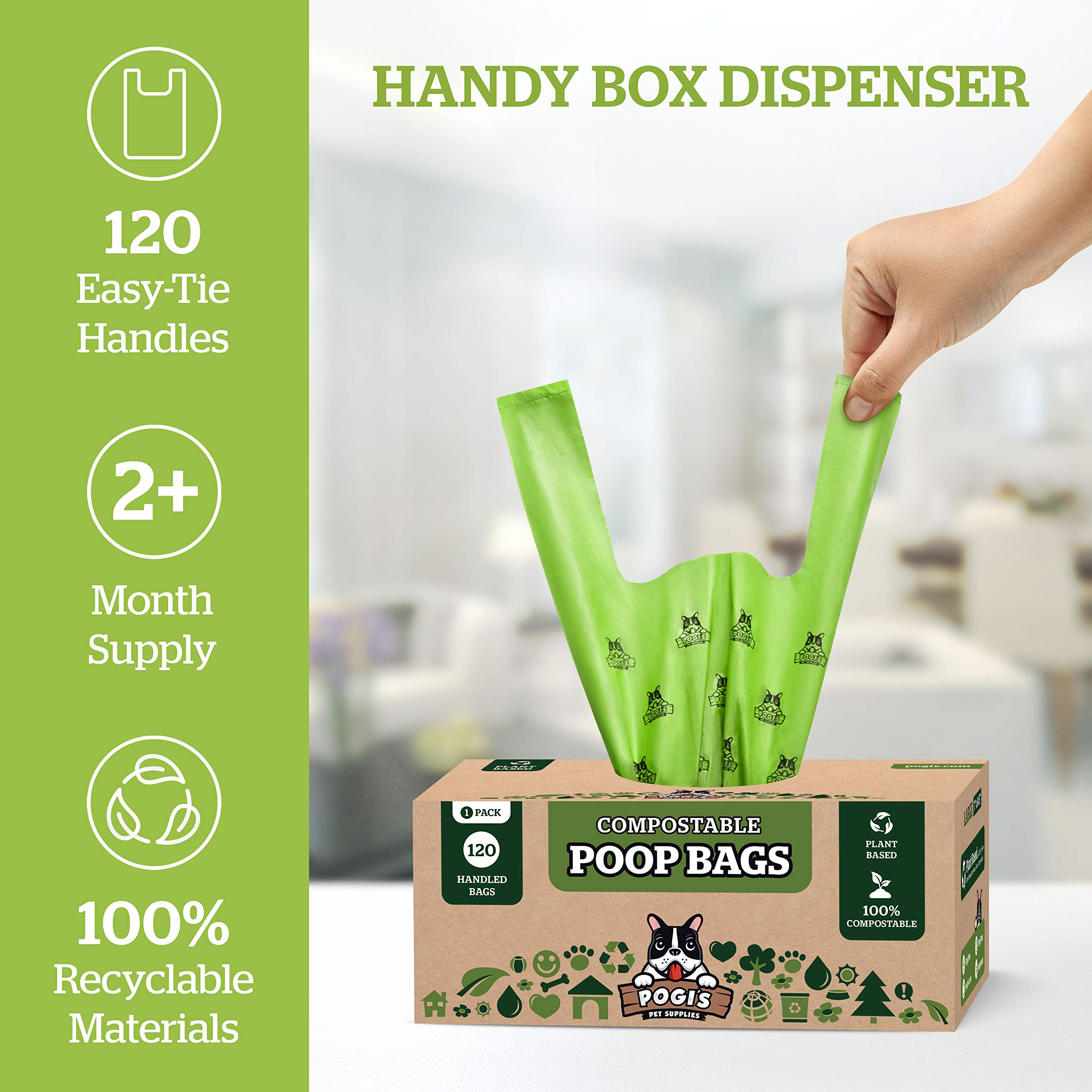 Pogi'S Compostable Dog Poop Bags With Handles - 120 Doggie Poop Bags With Easy-Tie Handles - Leak-Proof Dog Waste Bags, Plant-Based, Astm D6400, En 13432 Certified Extra Large Poop Bags For Dogs