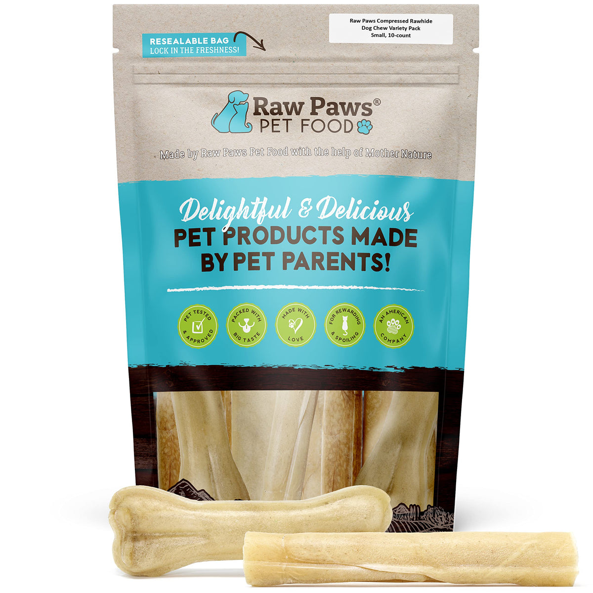 Raw Paws Compressed Rawhide Dog Chew Variety Pack, 10 Pack - 5' Compressed Rawhide Sticks & 4' Bones, Aggressive Chewers Pressed Rawhide Chews Dog Treat Value Pack, Small Dog Deluxe Variety Dog Chews