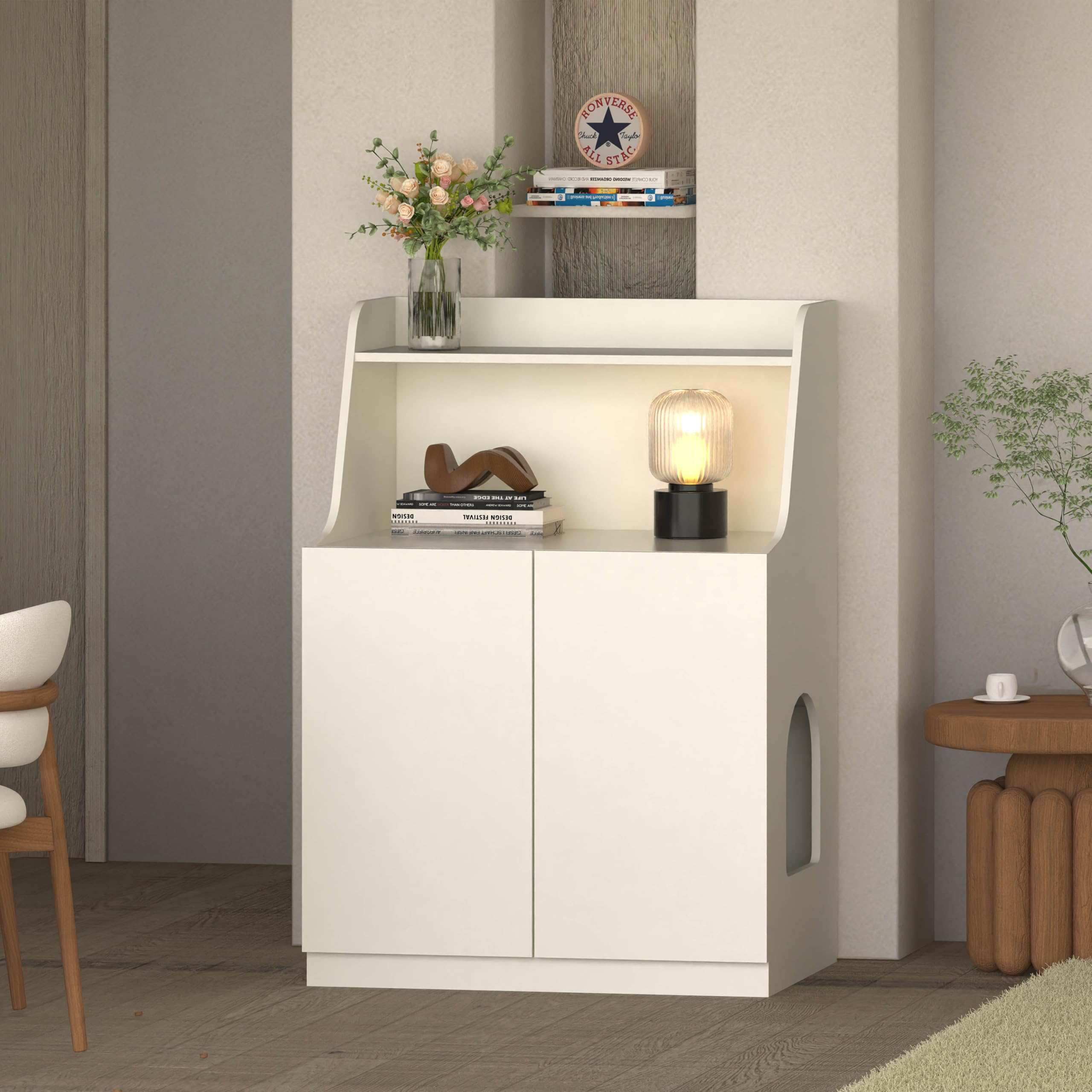 Amunrbrek Large/Tall Litter Box Enclosure, Modern Wooden Litter Box Furniture for XL Litterbox with Open Shelf as Sideboard Cabi