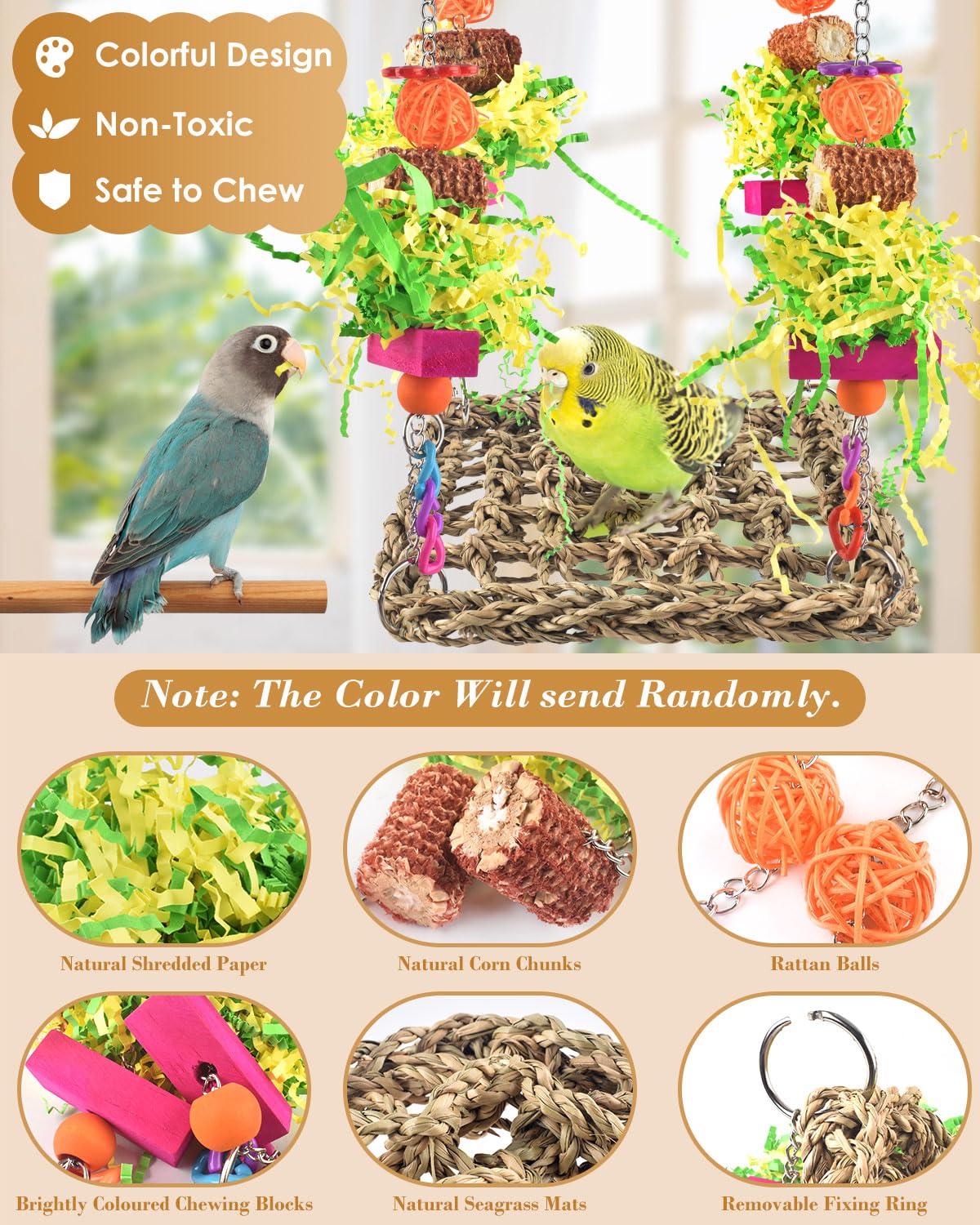 Erkoon Conure Toys, Bird Cockatiel Toys Foraging Swing Mat Parrot Climbing Hammock Wall With Colorful Toys For Birds Shredding S