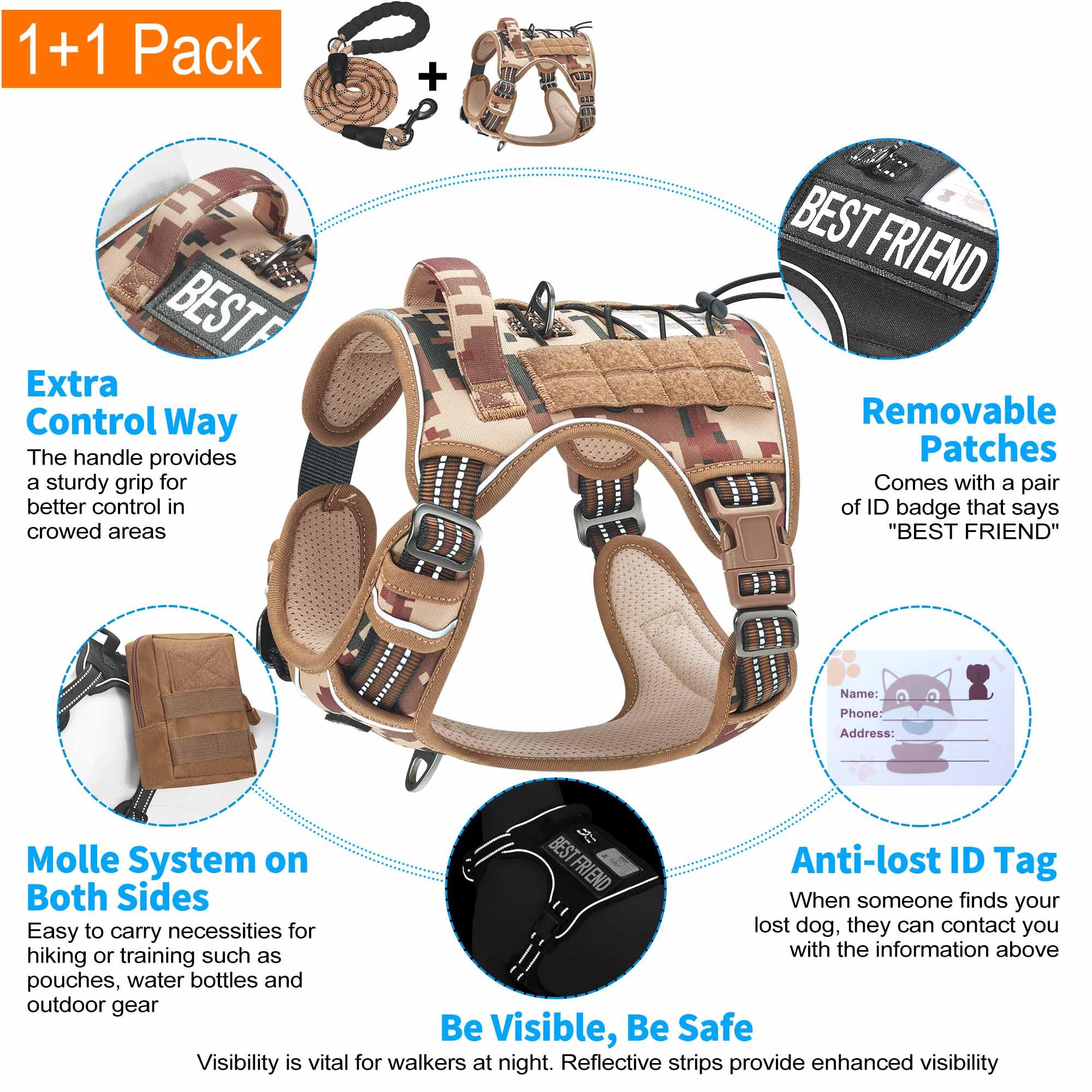 Beebiepet Heavy Duty Tactical Dog Harness For Medium Dogs, No Pull Adjustable Pet Harness Reflective Service Training Easy Contr