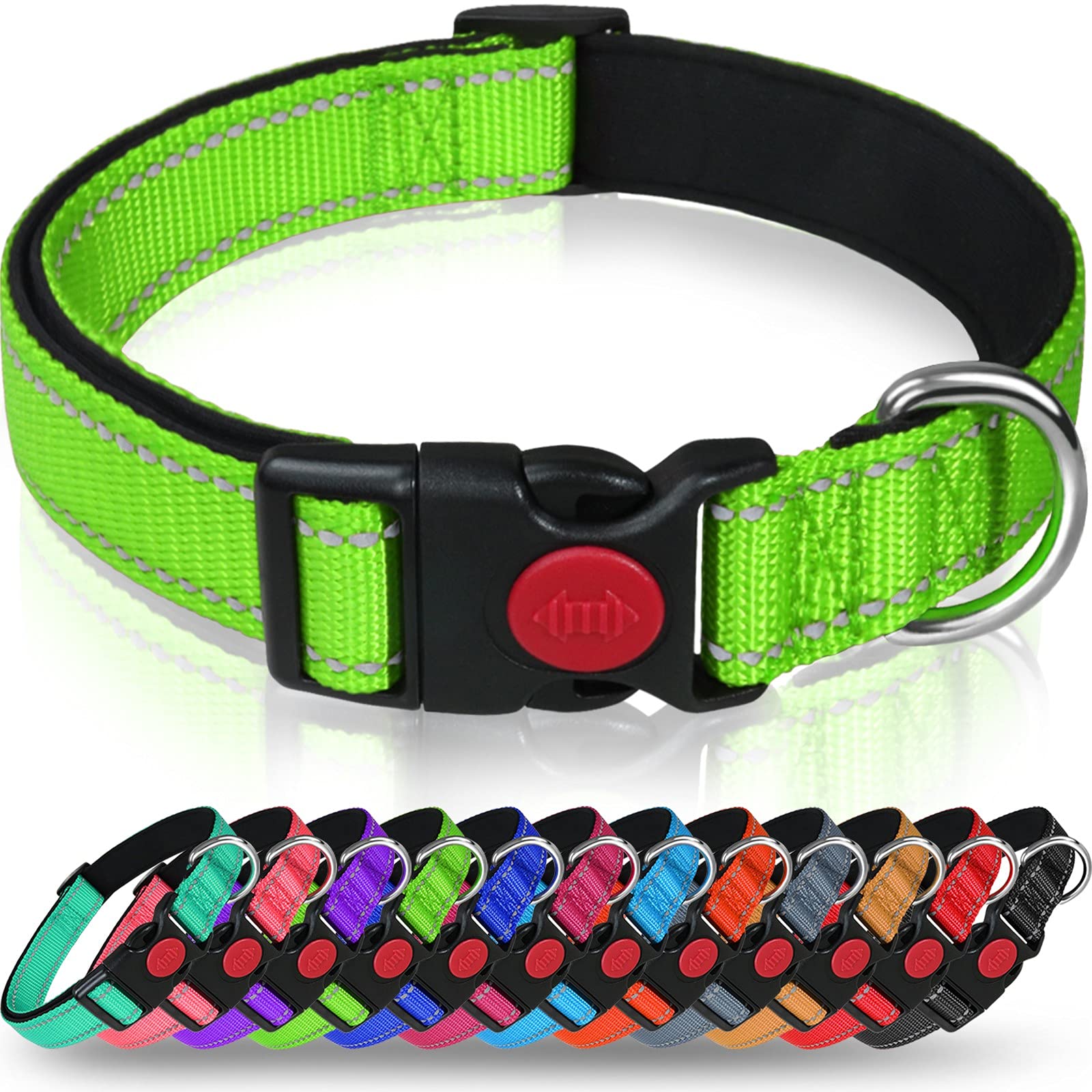Taglory Reflective Dog Collar With Safety Locking Buckle, Adjustable Nylon Pet Collars For Extra Large Dogs Female Male, Green, Xl