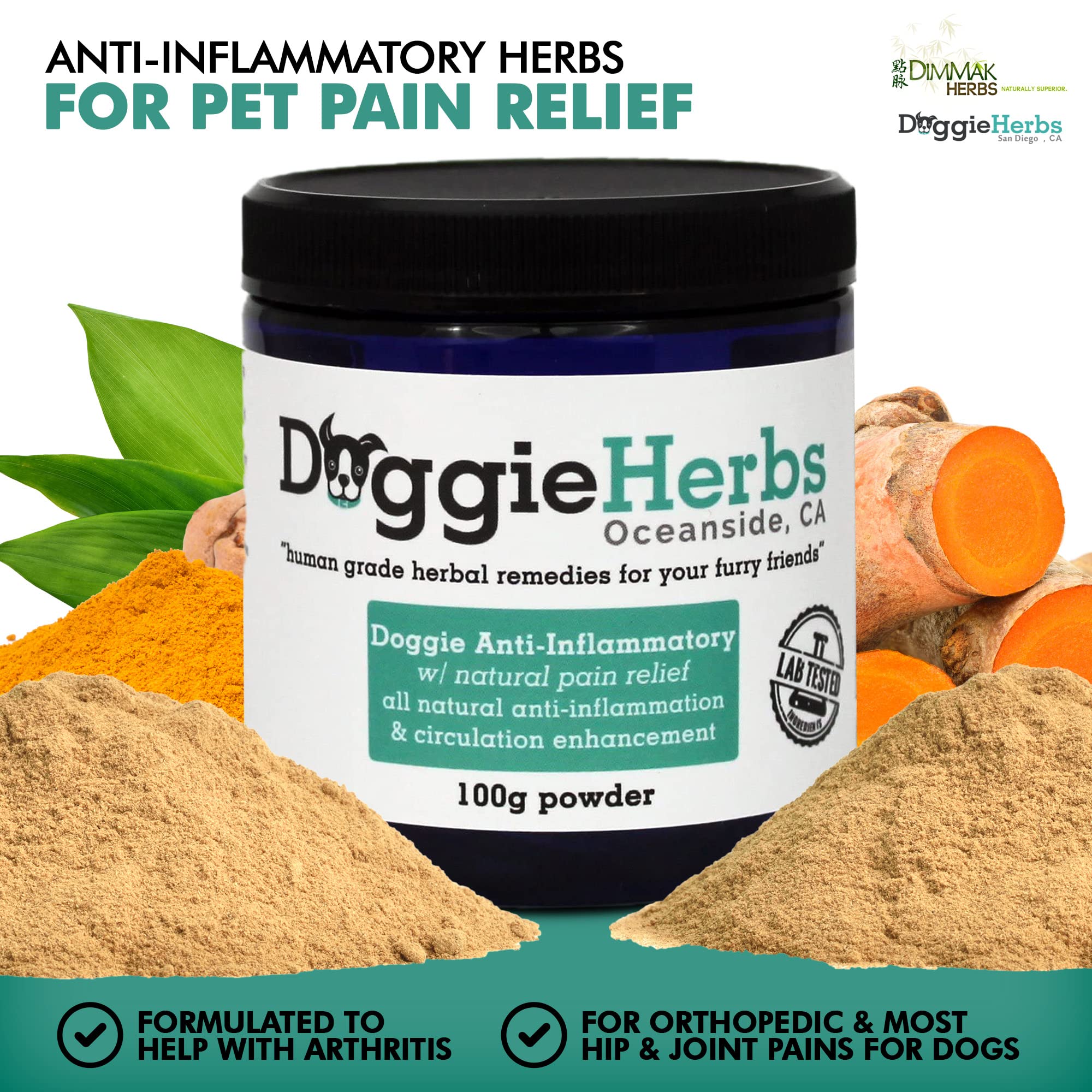 Anti-Inflammatory for Dogs w Turmeric (Curcumin) | Human Grade Dog Pain Relief, Arthritis Supplement - 100g by Doggie Herbs