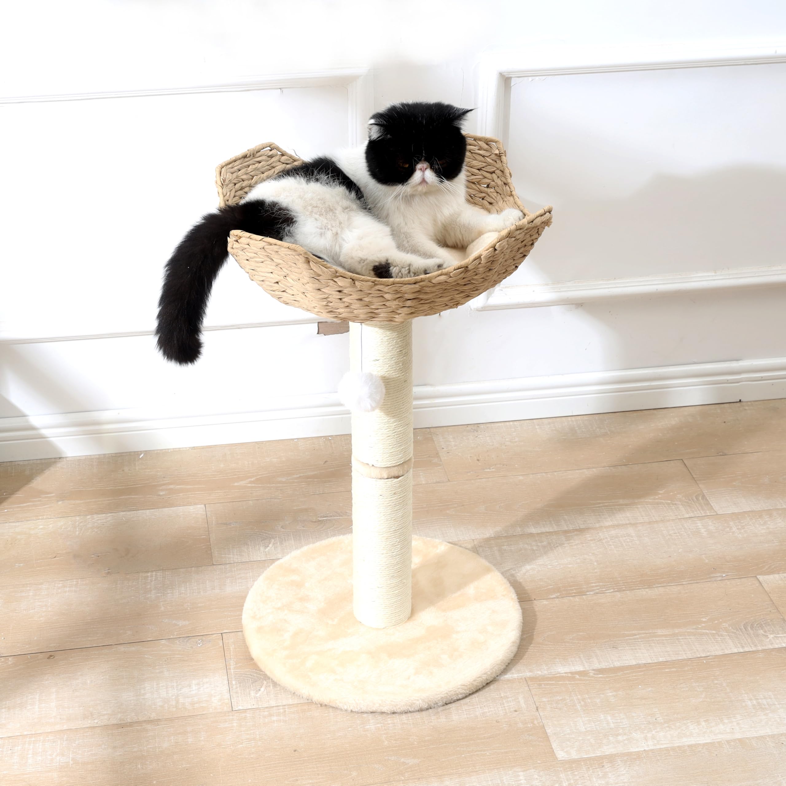 Shengocase Small Cat Tree Tower With Large 17.7'' Rattan Wicker Basket, Handwoven Nest Basket Bed, Window Perch For Large Cats U