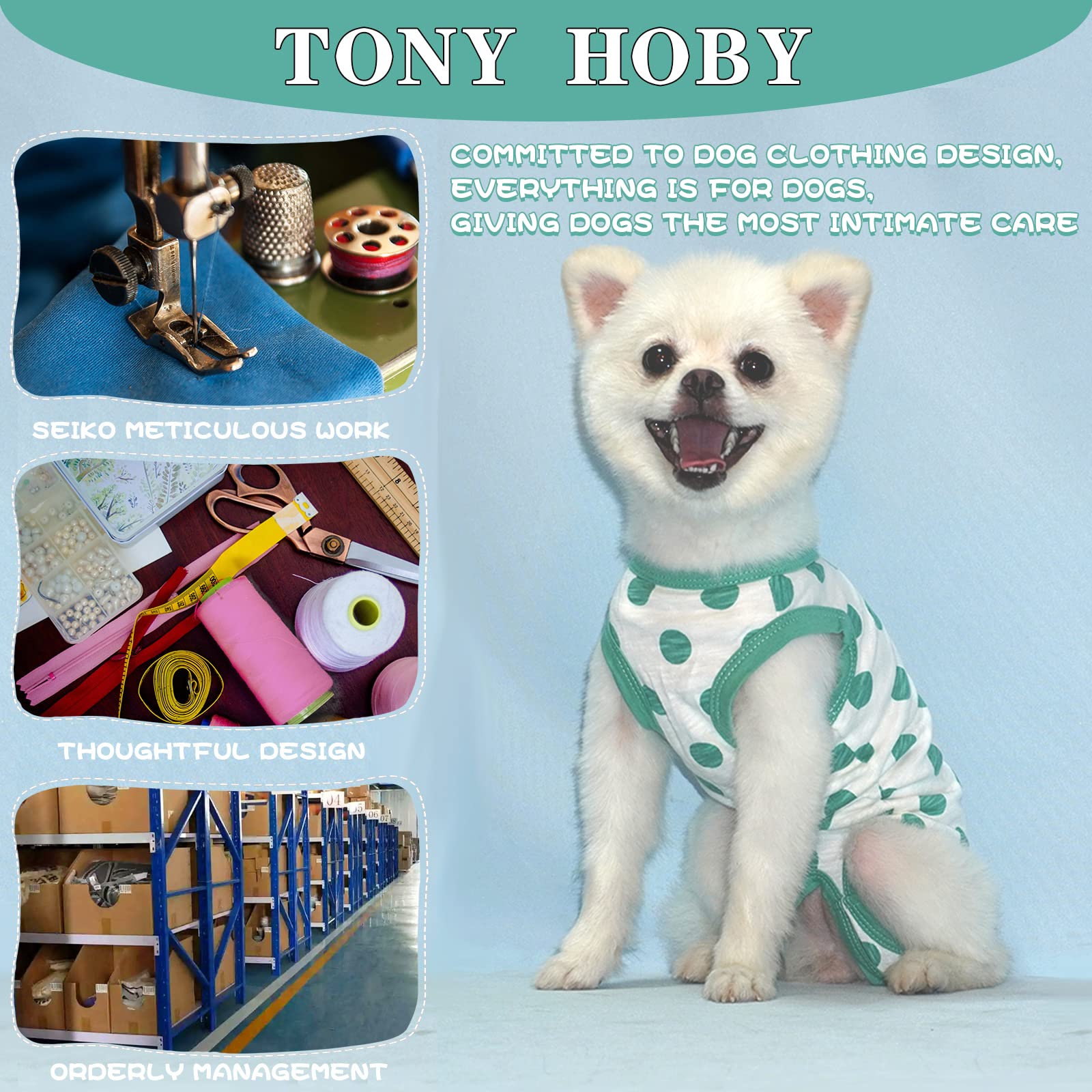 Tony Hoby Summer Dog Jumpsuit, Soft Breathable Dog Pajamas With Polka Dots (Dark Green, L)