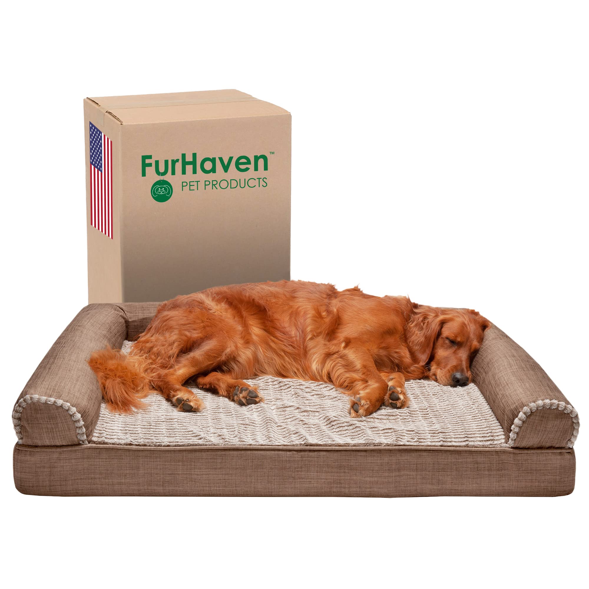 Furhaven Memory Foam Dog Bed for Large Dogs w/ Removable Bolsters & Washable Cover, For Dogs Up to 95 lbs - Luxe Faux Fur & Perf