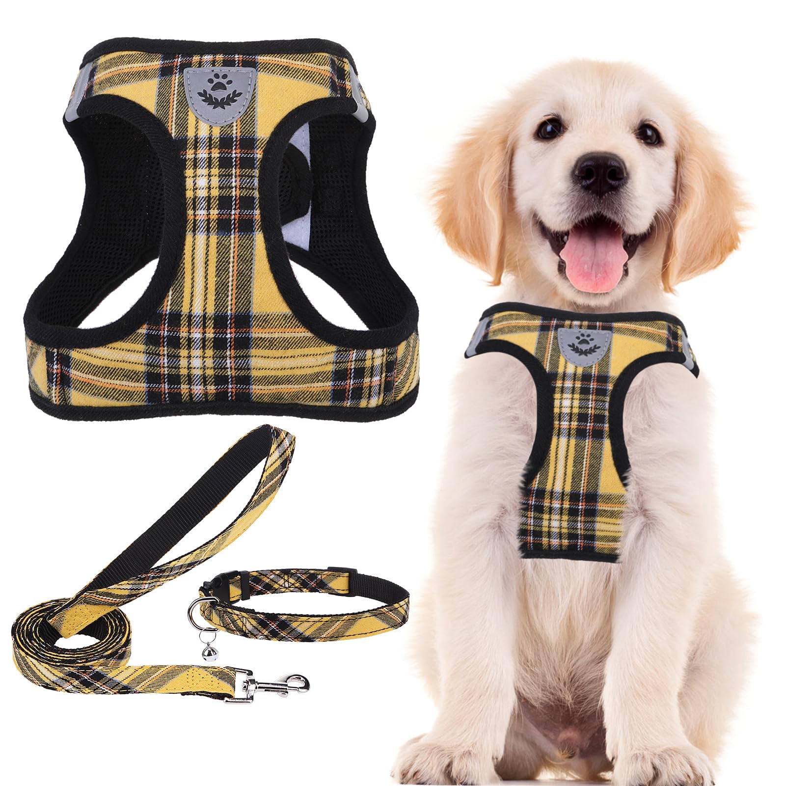 Pupteck Adjustable Dog Harness Collar And Leash Set Step In No Pull Pet Harness For Small Medium Dogs Puppy And Cats Outdoor Walking Running, Soft Mesh Padded Reflective Vest Harnesses, Yellow, L