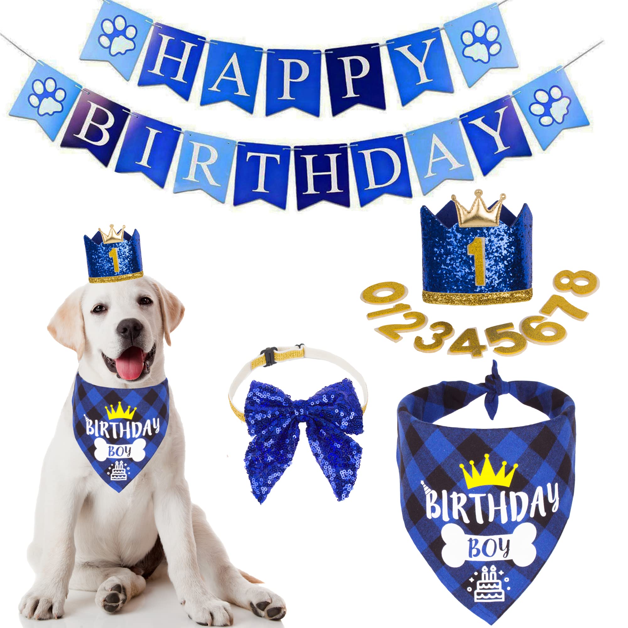 Adoggygo Dog Birthday Hat Bandana - Birthday Boy Dog Bandana Pet Party Hat With Numbers Bow And Happy Birthday Banner Set