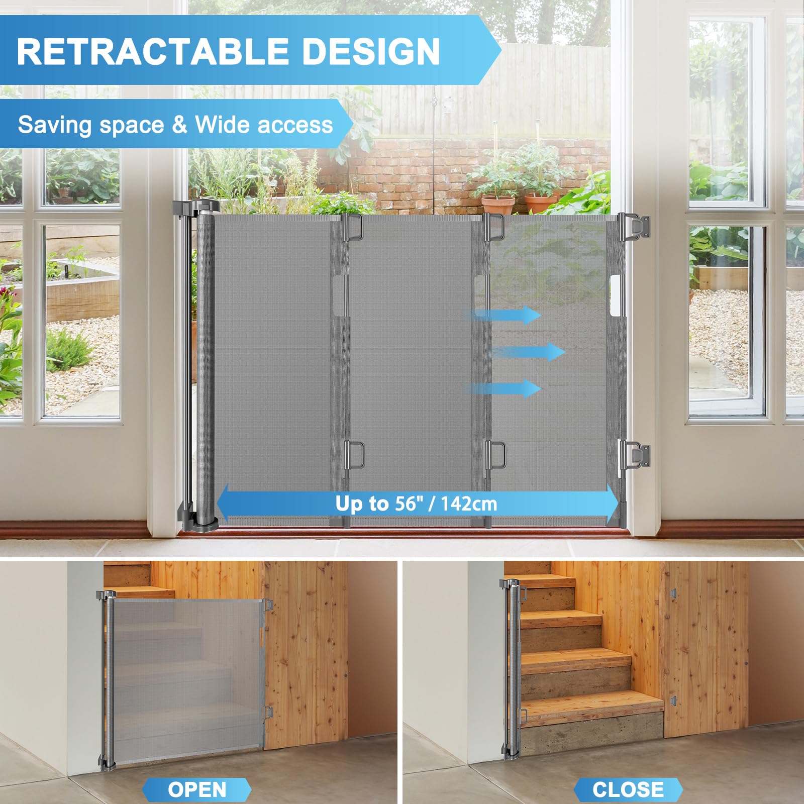 56 Inch Retractable Baby Gate for Stairs Retractable Dog Gates for Doorways Outdoor Baby Gates for Decks Indoor Dog Gates for Th