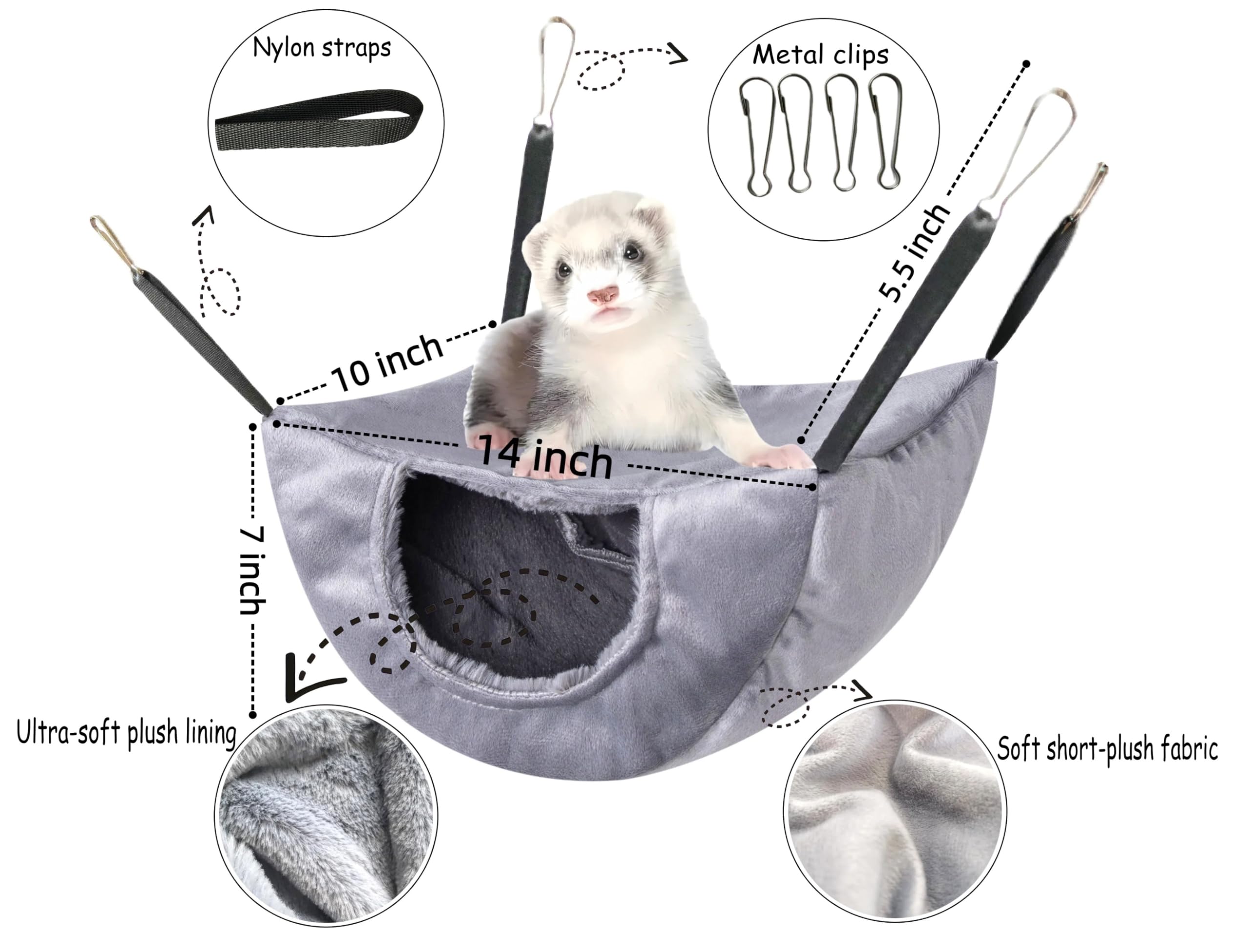Vedem Ferret Soft Plush Bunkbed Hammock Small Animal Cage Hanging Bed Warm Hideout For Rat Chinchilla Squirrel (Medium, Grey)